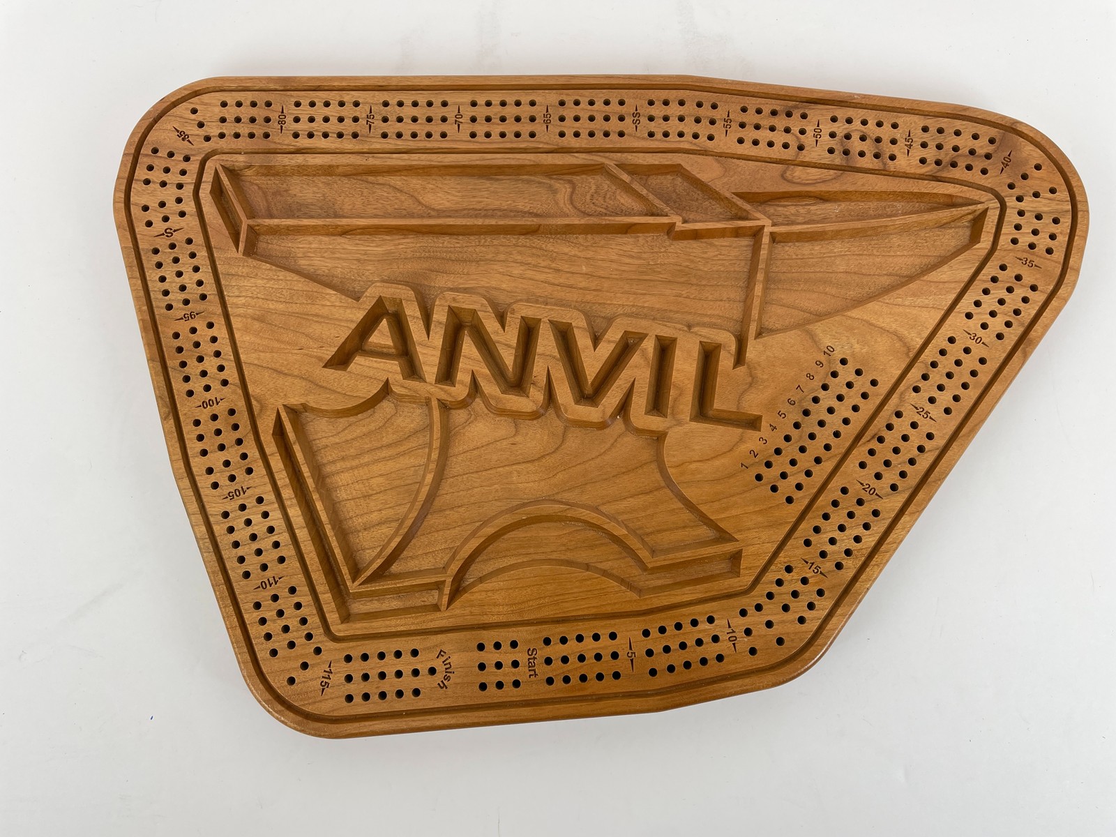 RS Brand Custom Wood Cribbage Board with Anvil Design & Peg Storage