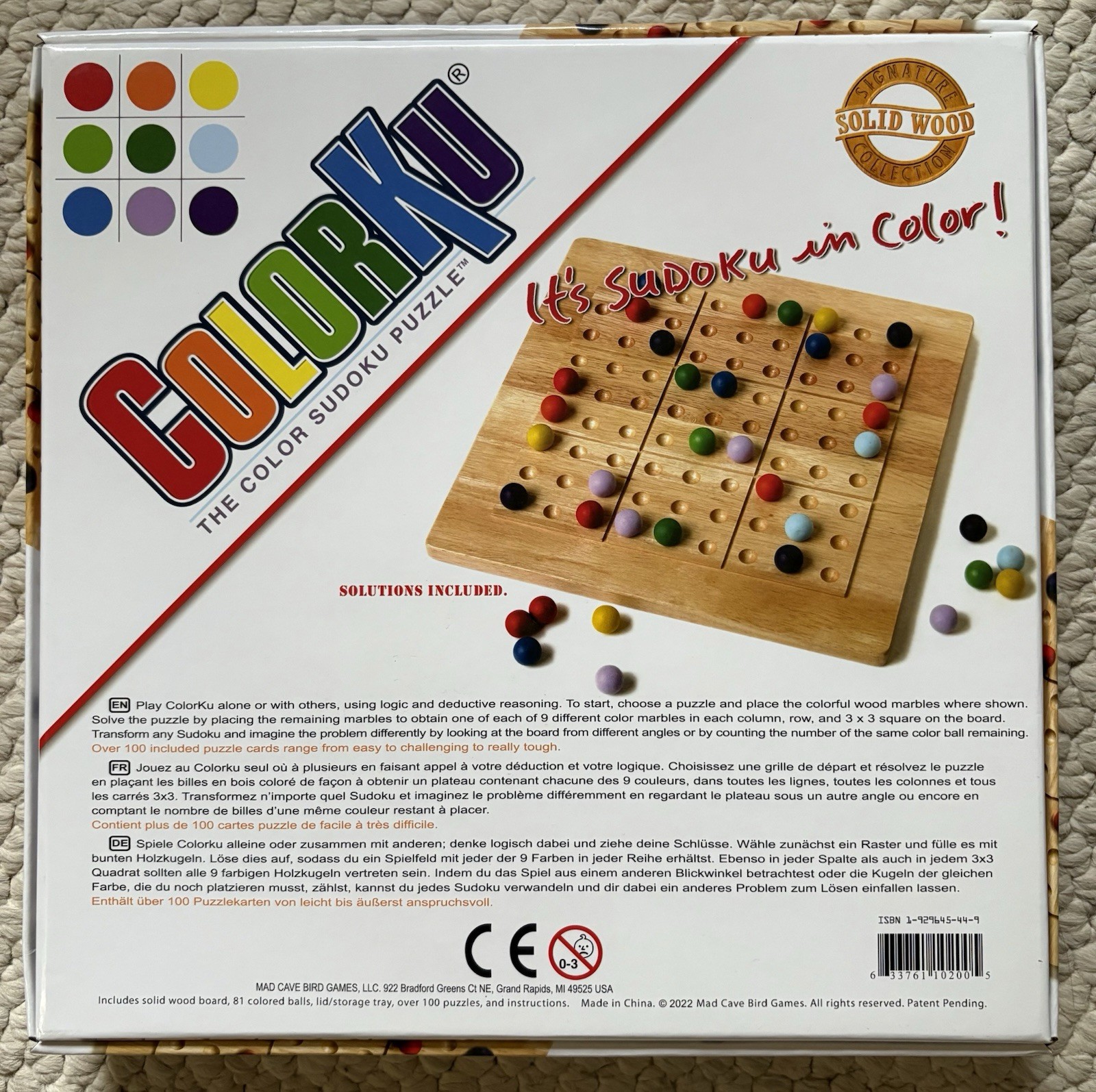 ColorKu Color Sudoku Puzzle Wood Board Mad Cave Bird Games 2022 – New, Open Box