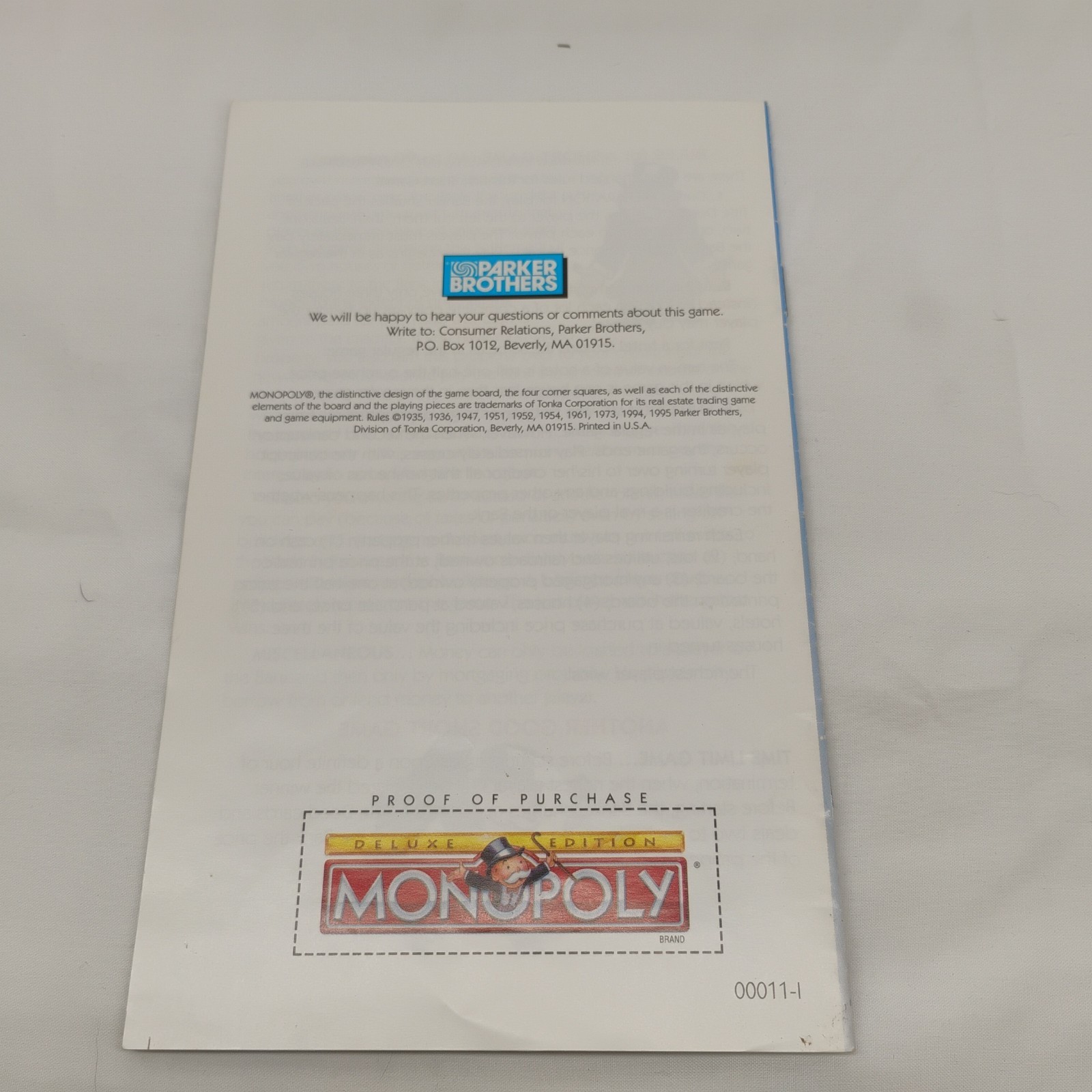 Monopoly Deluxe Edition 1995 Instructions Manual GUC