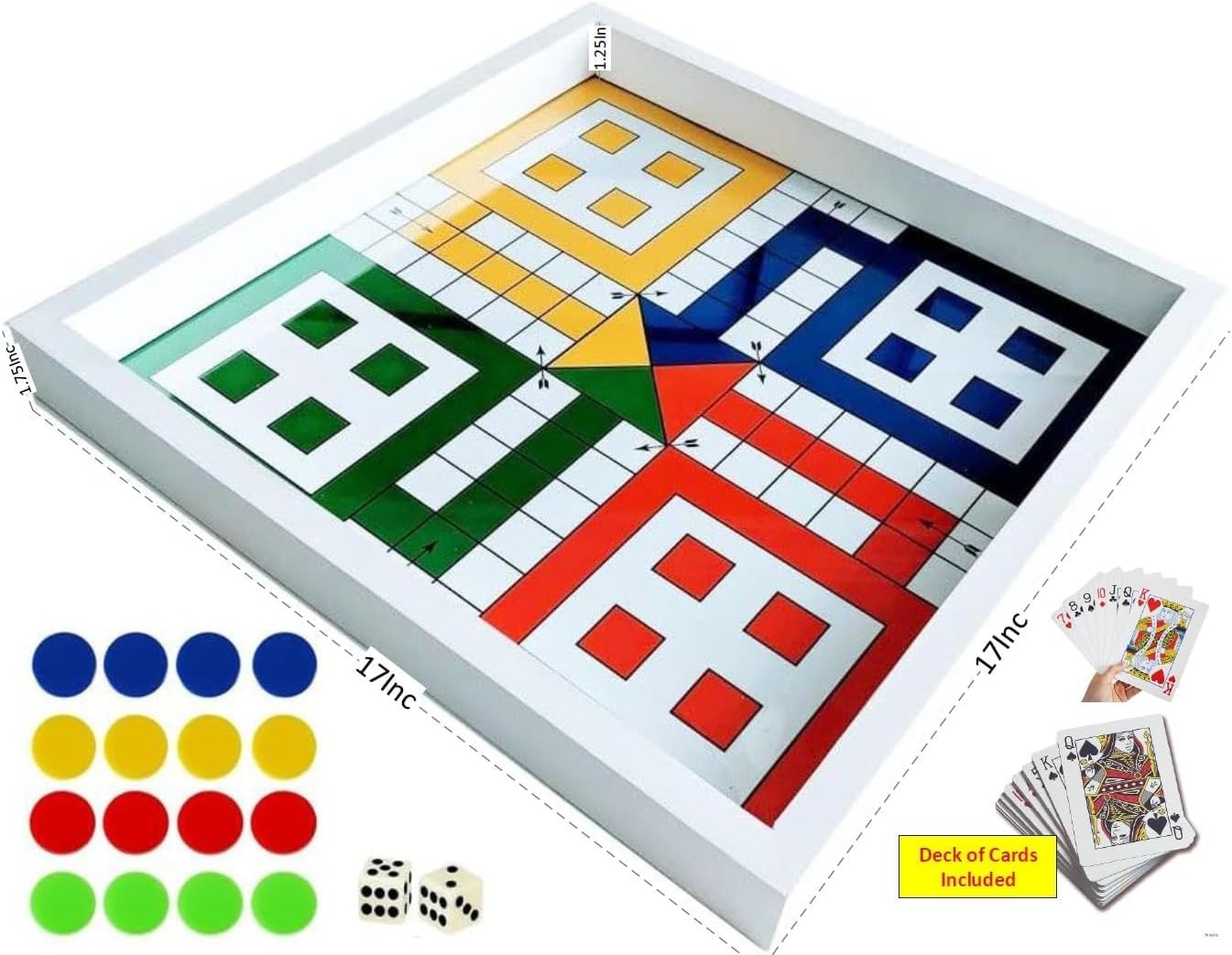 Real Glass Top Ludo Board Game 17 Inches by 17 Inches, Ludo Board Game with 16 T