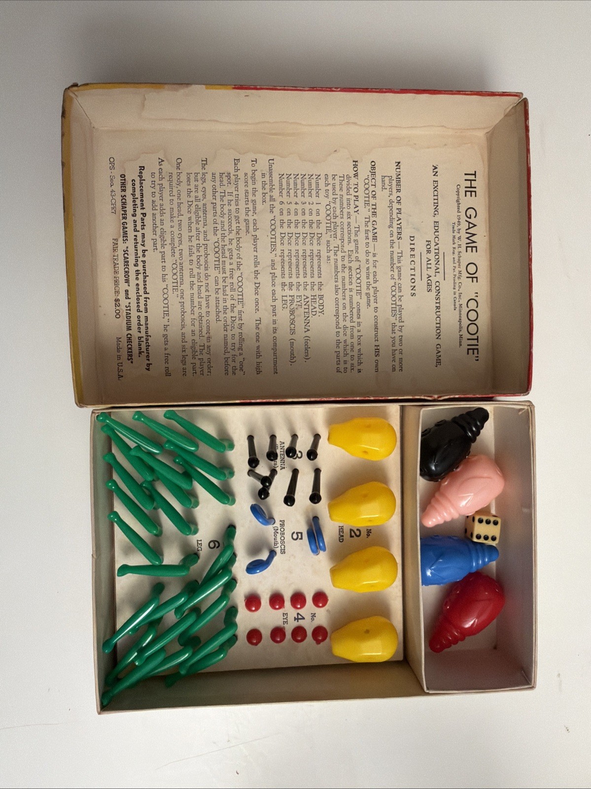 1949 ORIGINAL GAME OF COOTIE W.H. SCHAPER MFG CO. COMPLETE ALL PIECES EUC