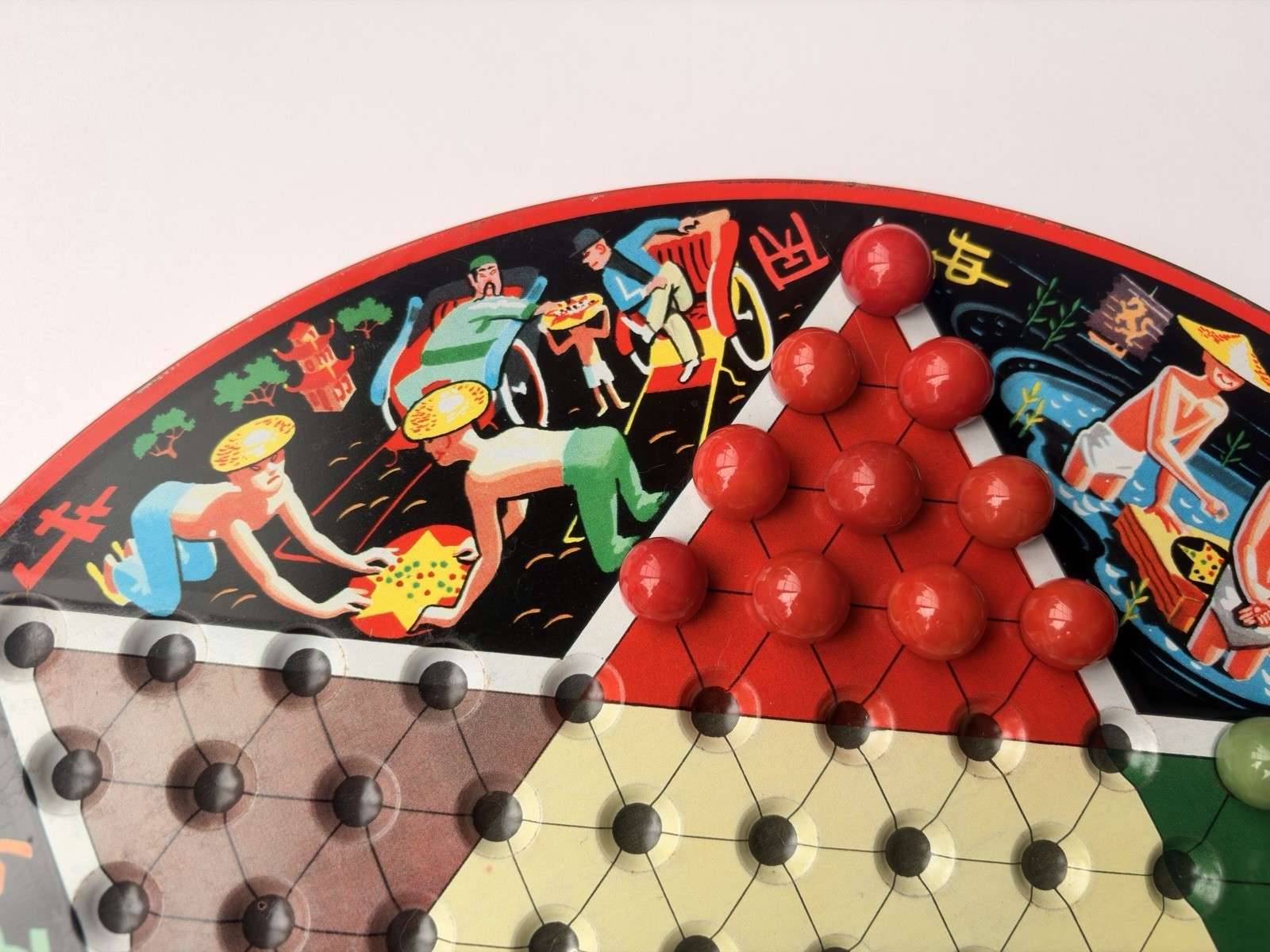 EARLY VTG STEVEN MFG. PIXIE GAME METAL CHINESE CHECKER BOARD TOP ONLY W/MARBLES