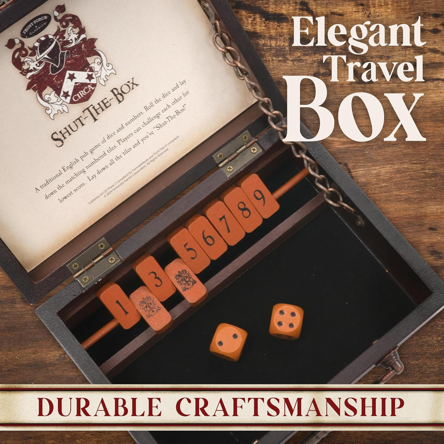Front Porch Classics, Circa Shut the Box, Wooden 9 Number Dice Game with Case fo