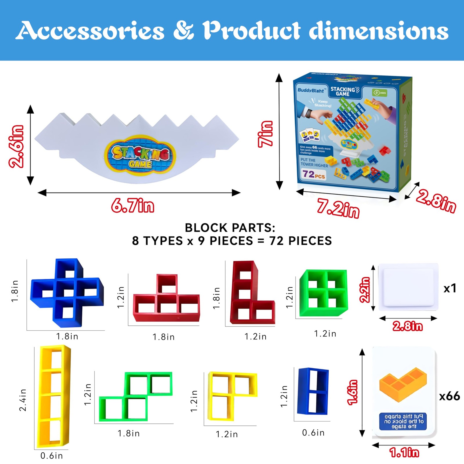 72Pcs Tetris Style Stack Game for Kids & Adults w/66 Challenge Cards, STEM Bu…