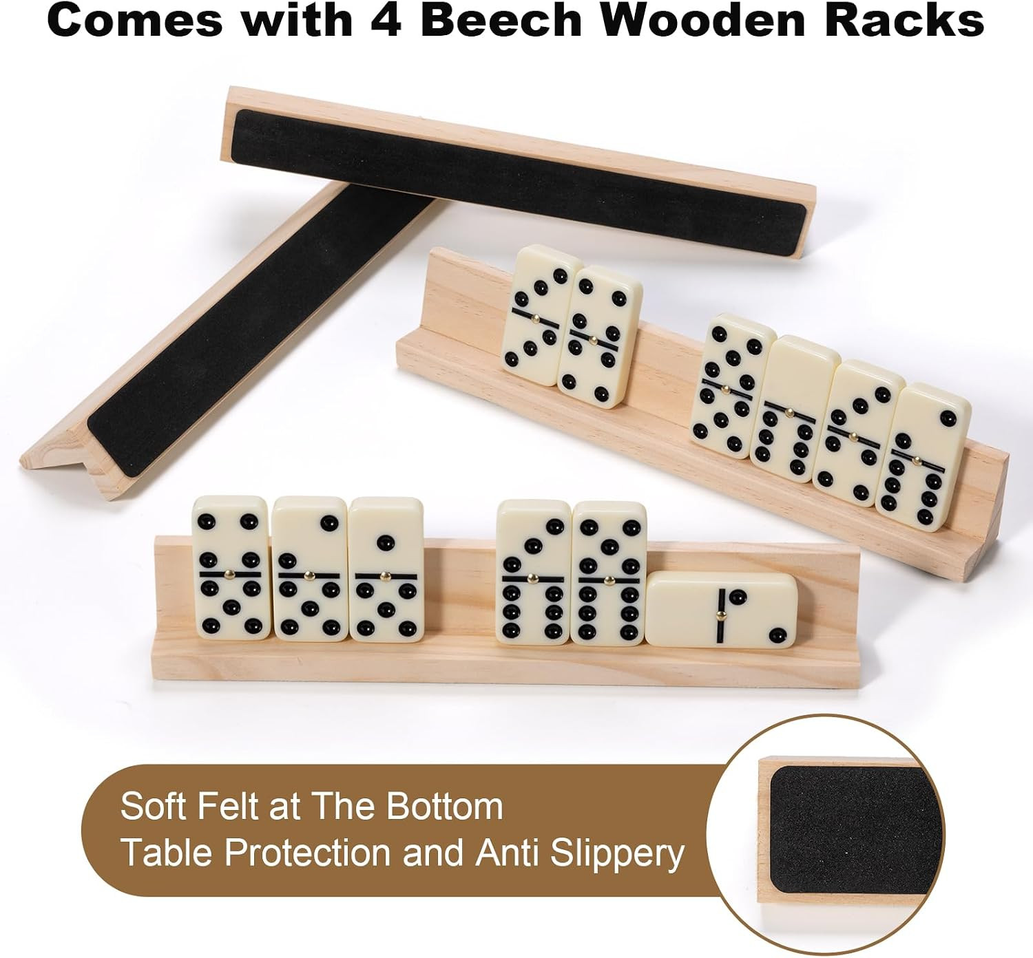 Double 6 Dominos Set for Adults with 4 Wooden Racks, 28 Tiles Classic Dominoes