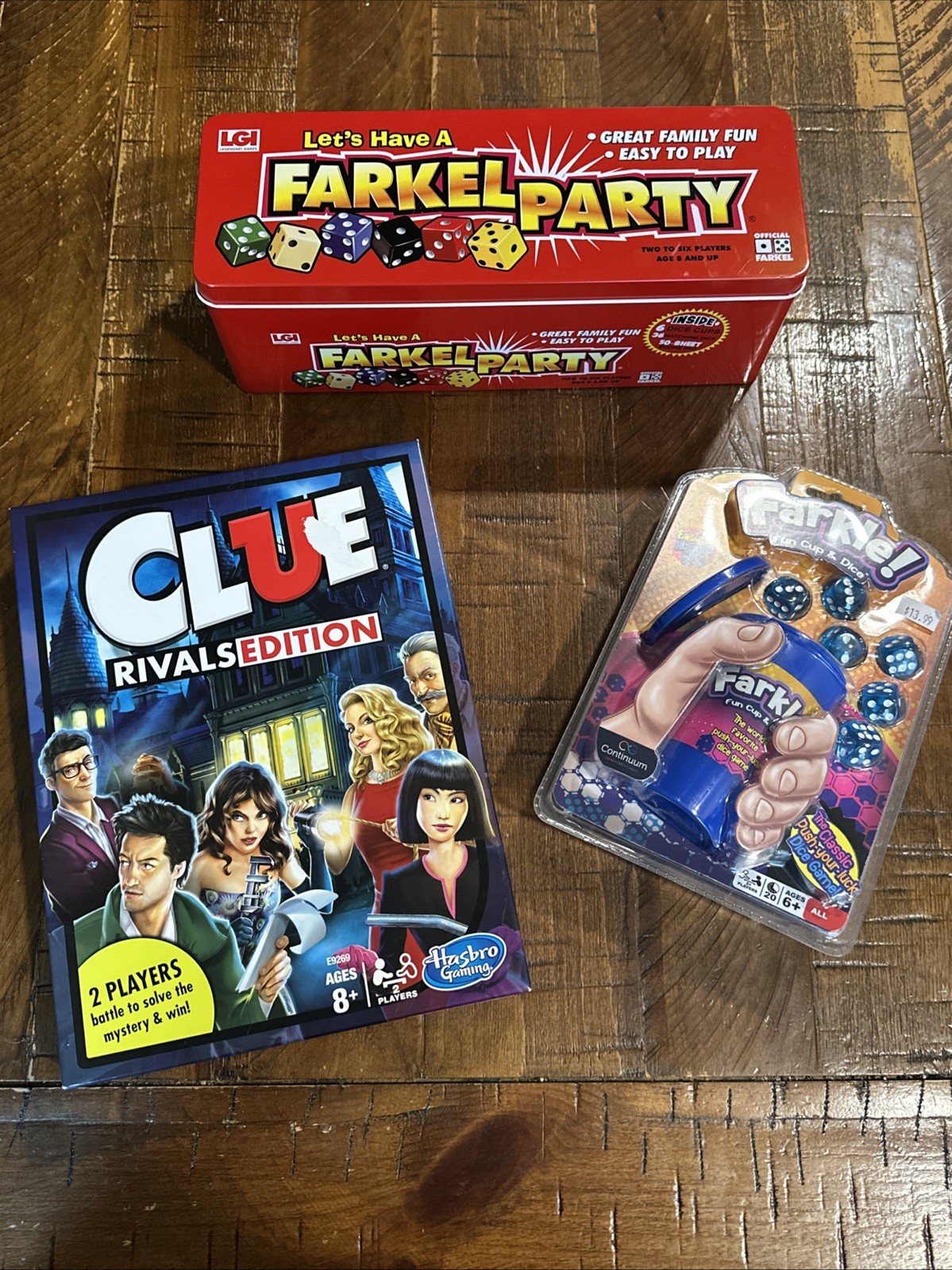 Lot Of 3 Family Board Games Farkle, Clue Rivals Edition, Farkle Party Ages 8+