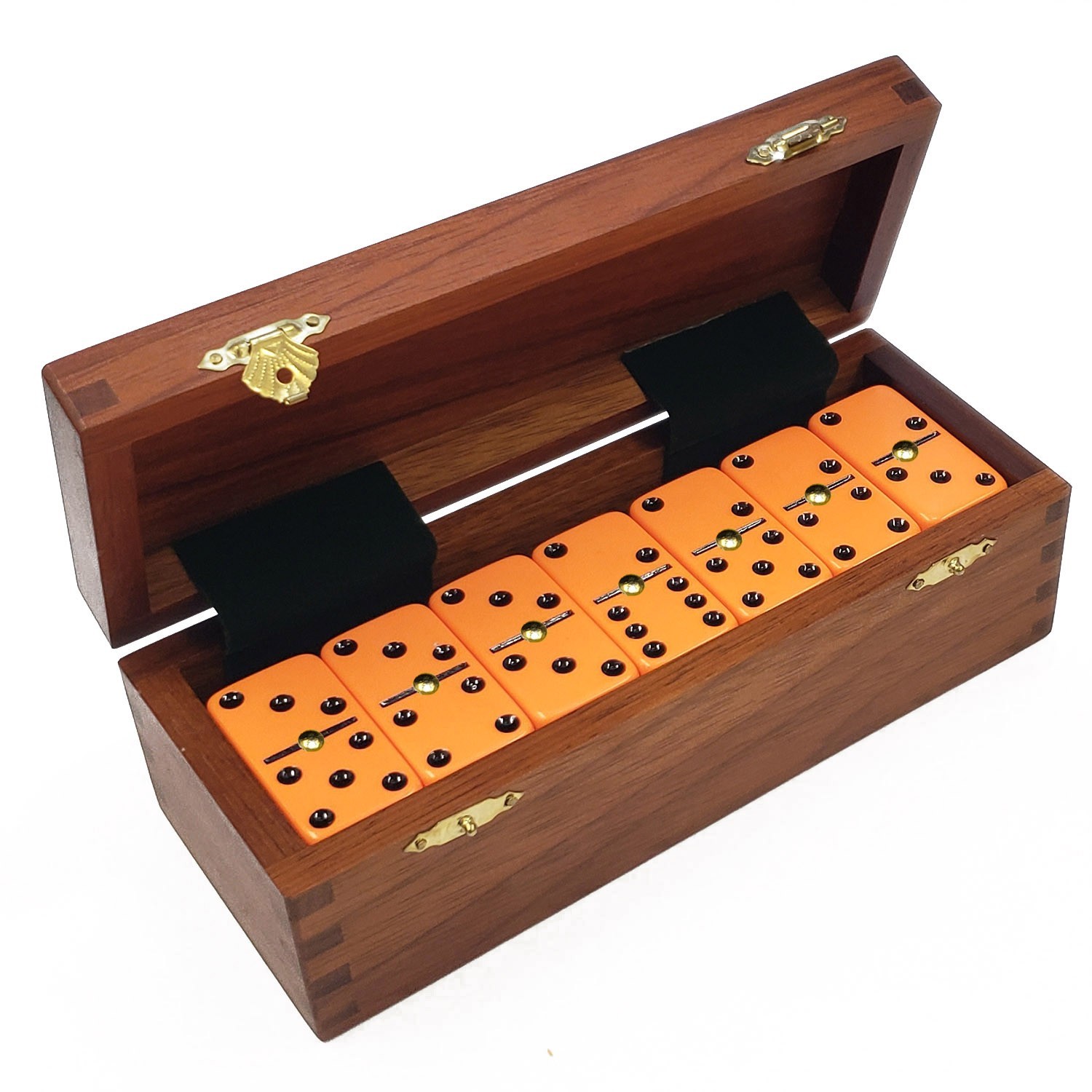 Domino Double Six 6 Orange-Black Pro Size with Spinners – Wood Box