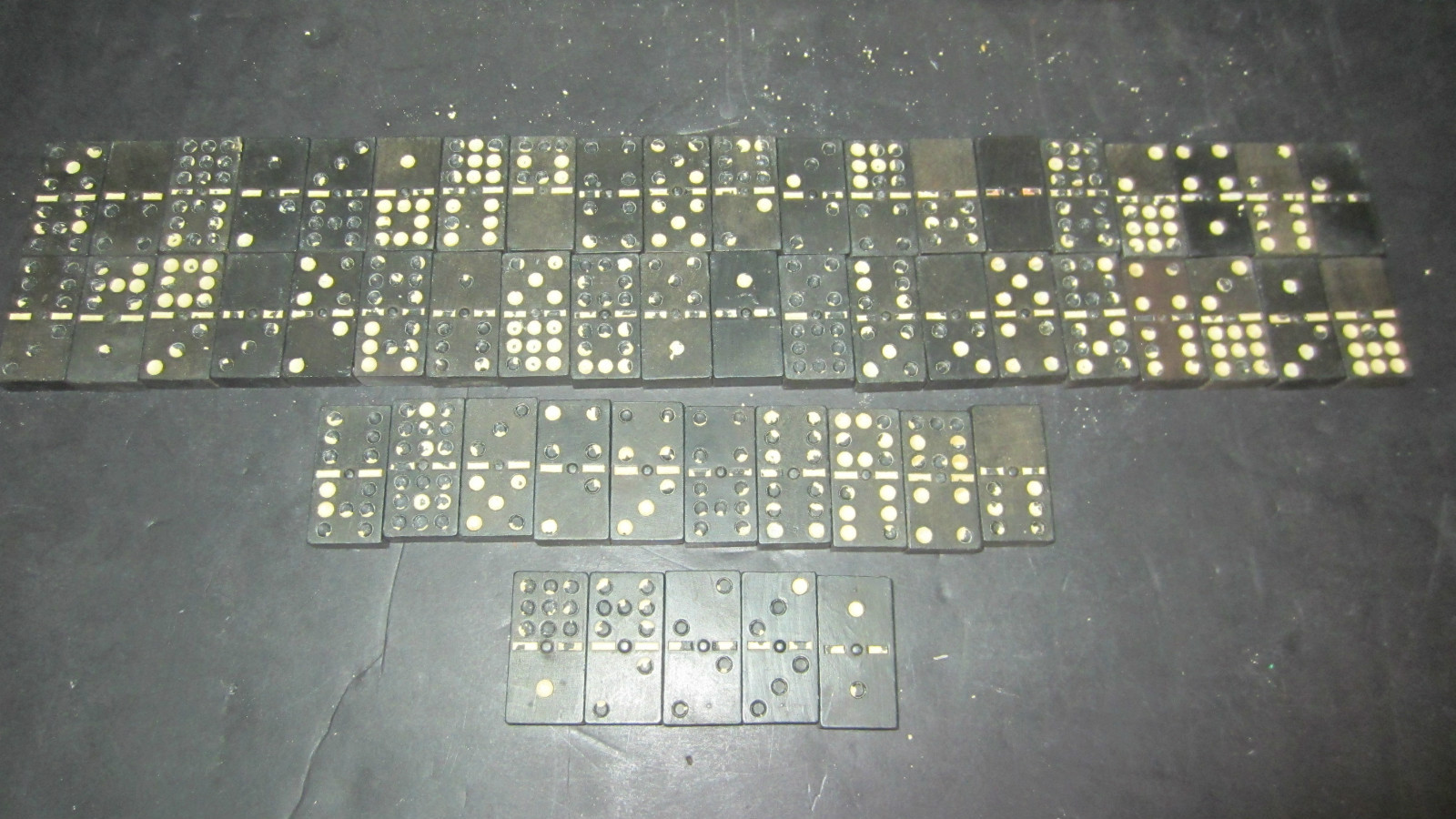 Vintage Wood Dominoes White Dots Shedding 55 Pieces in Old Floral Wood Box Worn