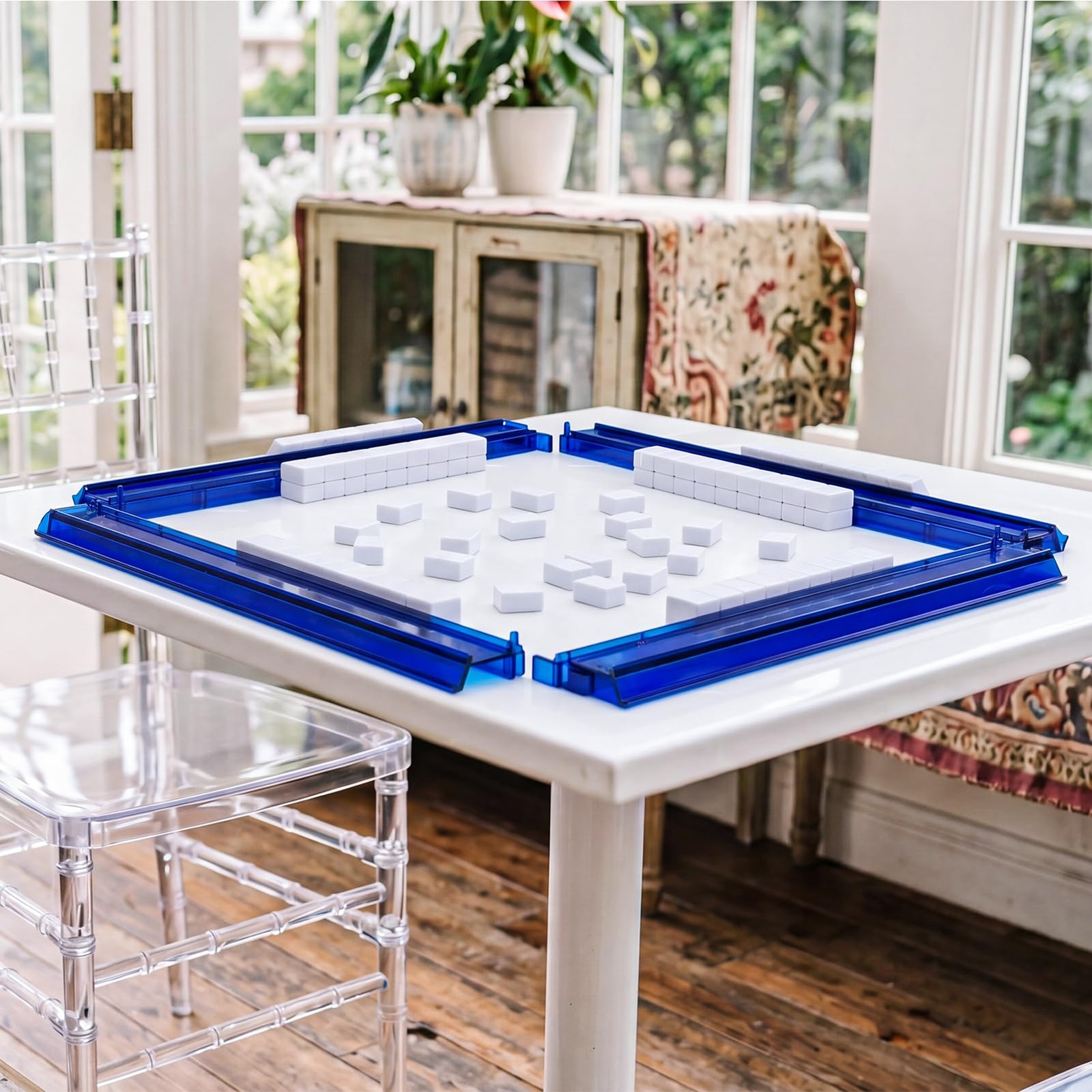 GUSTARIA Mahjong All-in-One Tile Rack & Pusher, Deep Blue Acrylic Mahjong Rac…