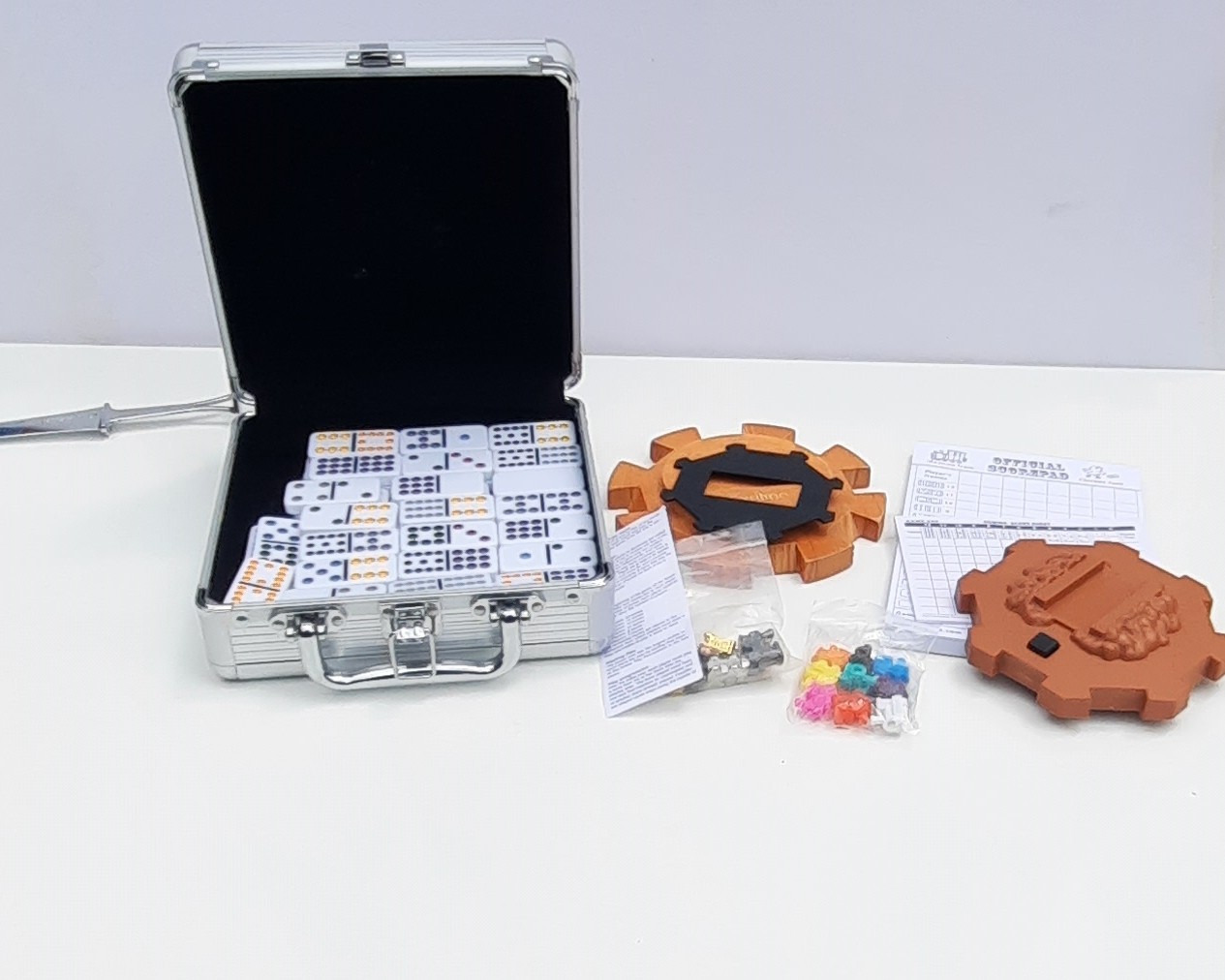 Mexican Train Domino Game Set Double 12 Dominoes Aluminum Case Complete W Extras