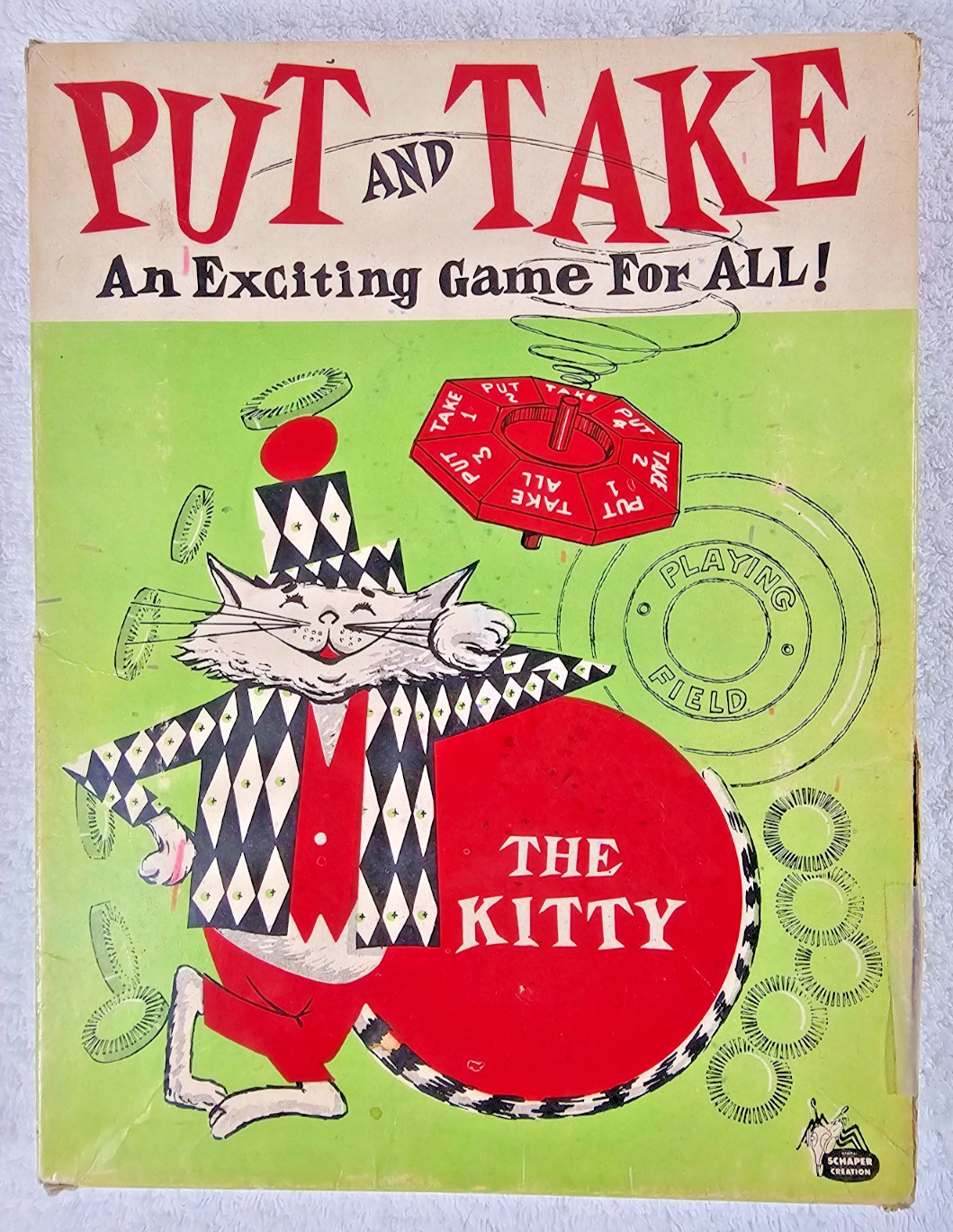 1956 Schaper “Put and Take – The Kitty” Board Game Complete Spinner & Chips VTG