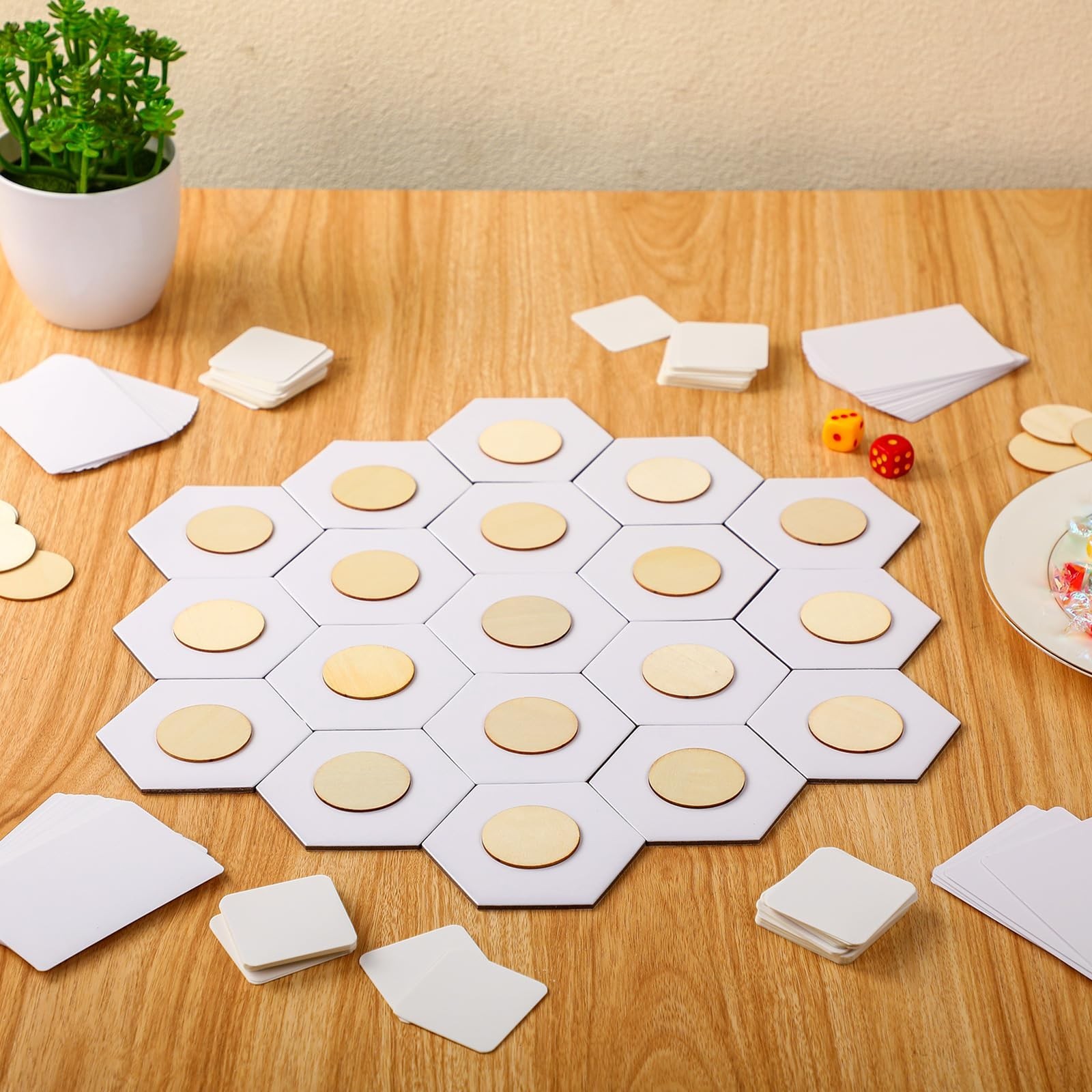 229 Pcs Blank Board Game Set – 20 Hexagon Tiles, Dice, Cards, Wood Chips & Bag –