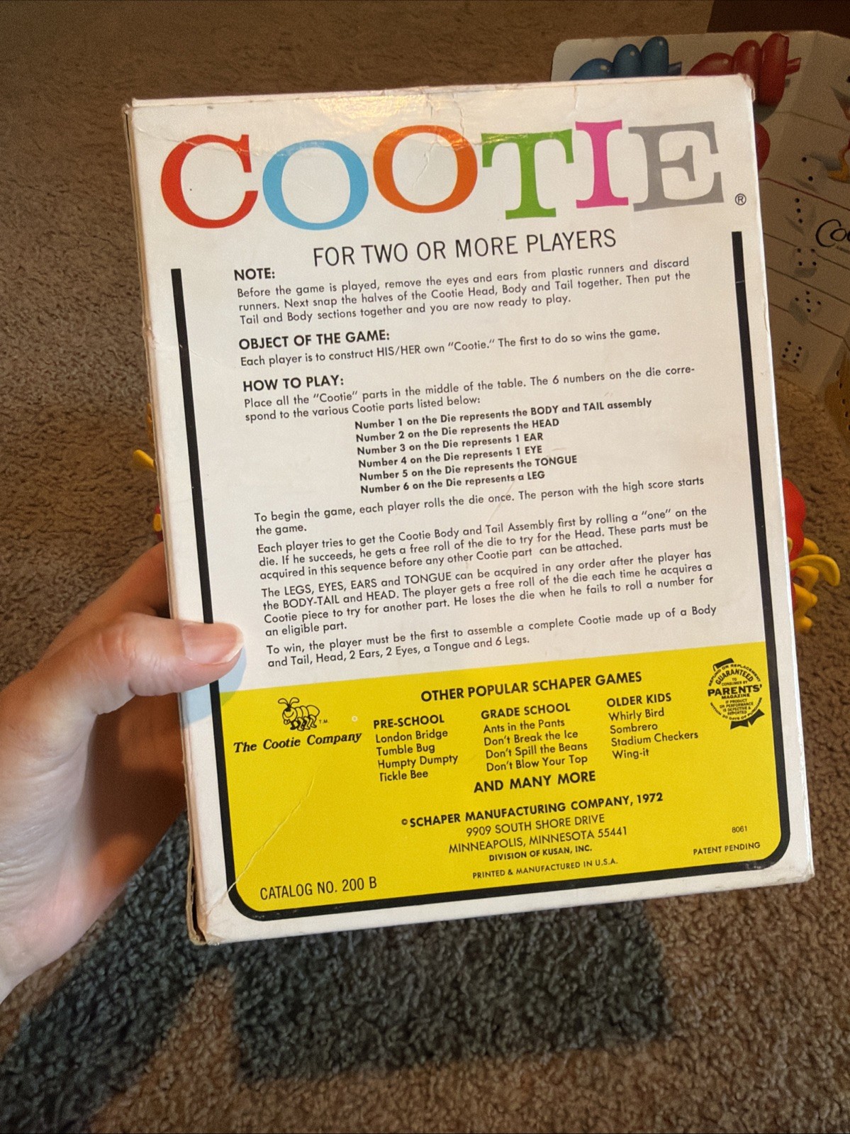 Vintage 1972 /1986 Cootie Bug Board Game With Box Schaper Mfg Co.