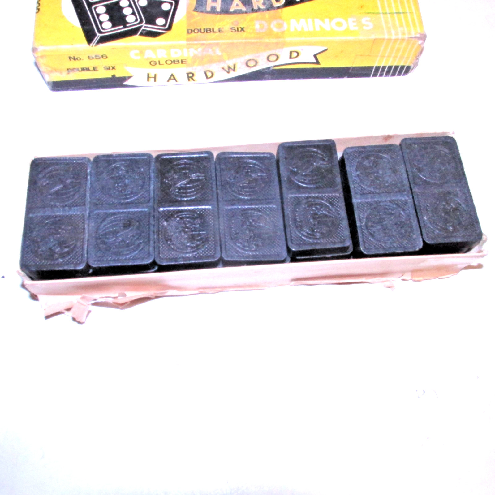 Vintage Dominoes GLOBE Double Six Black Hardwood Japan #556 Cardinal Products NY