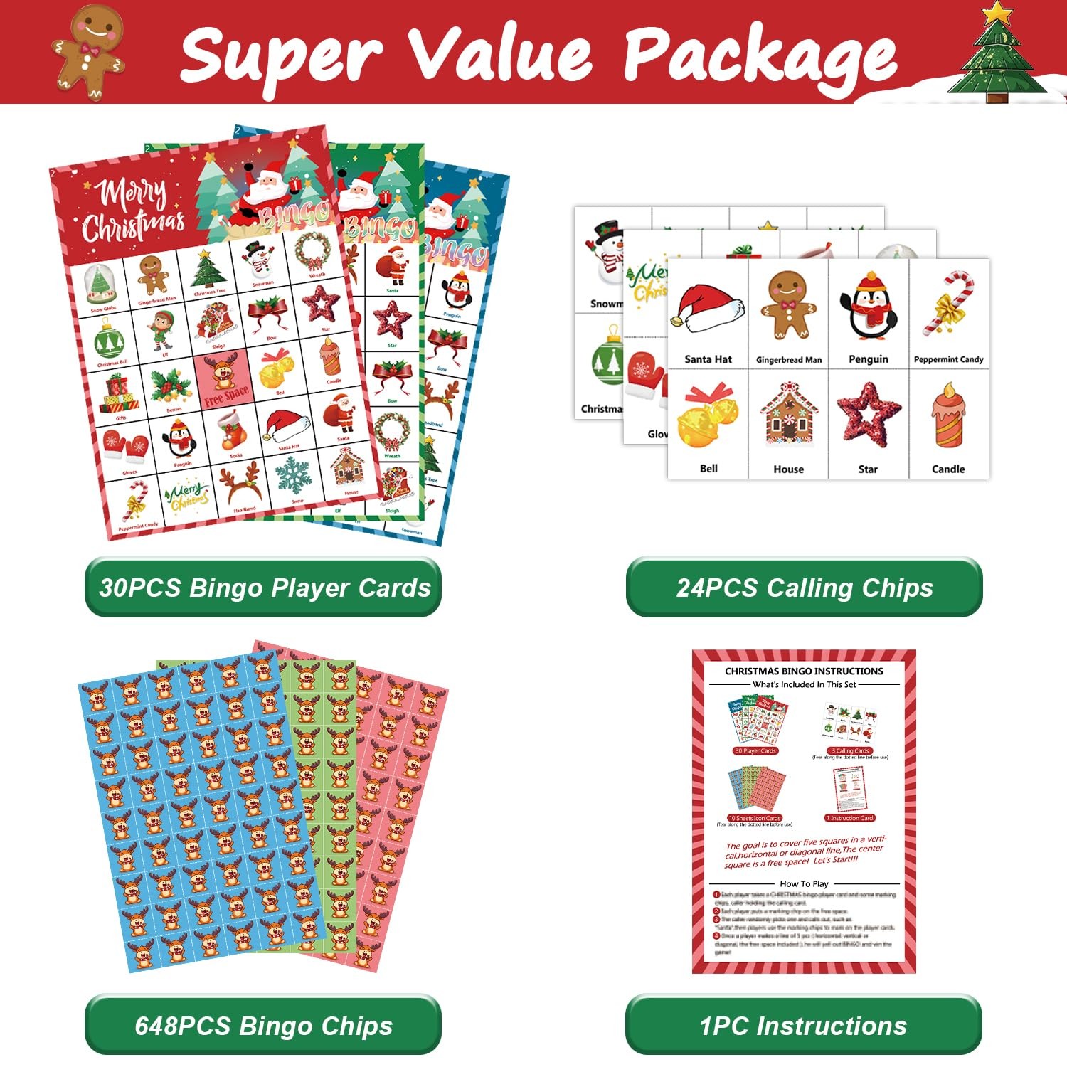 46PCS Christmas Bingo Game Cards for 30 Players Christmas Party Games for Kids