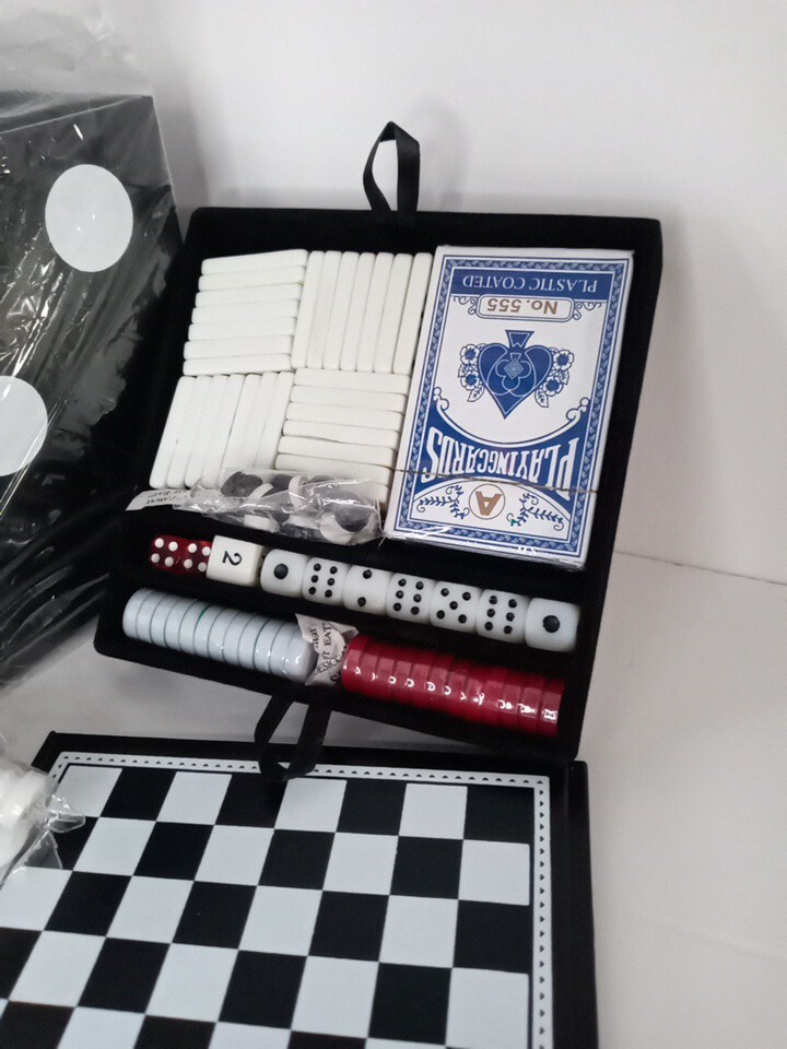 6 In 1 Game Cube Checkers, Chess, Backgammon, Dominoes, Dice, Cards, Poker Chips