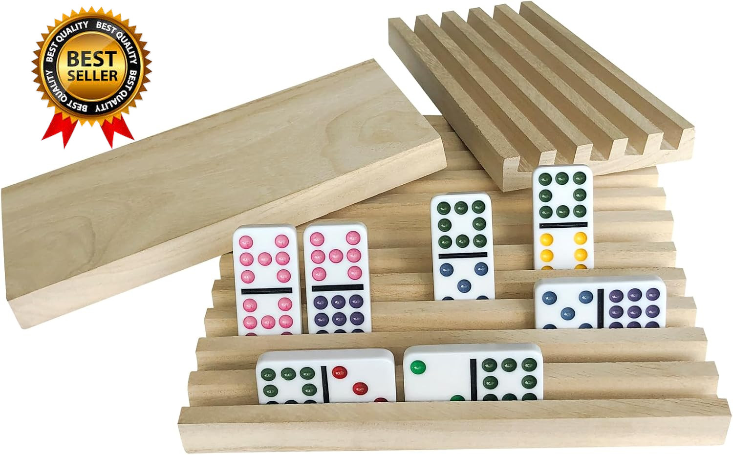 Domino Holder Trays Rack – Set of 4 Wooden Tiles Stand Holders for Mexican Train