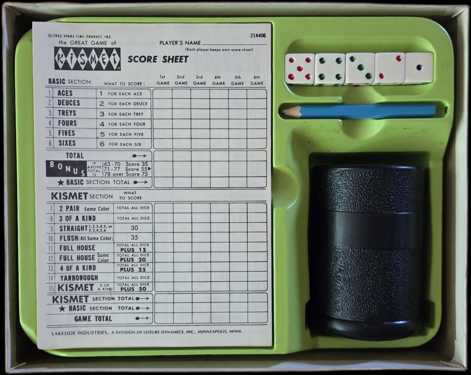 Vintage KISMET DICE GAME Lakeside Games 1969 100% Complete Score Sheets/Pencil