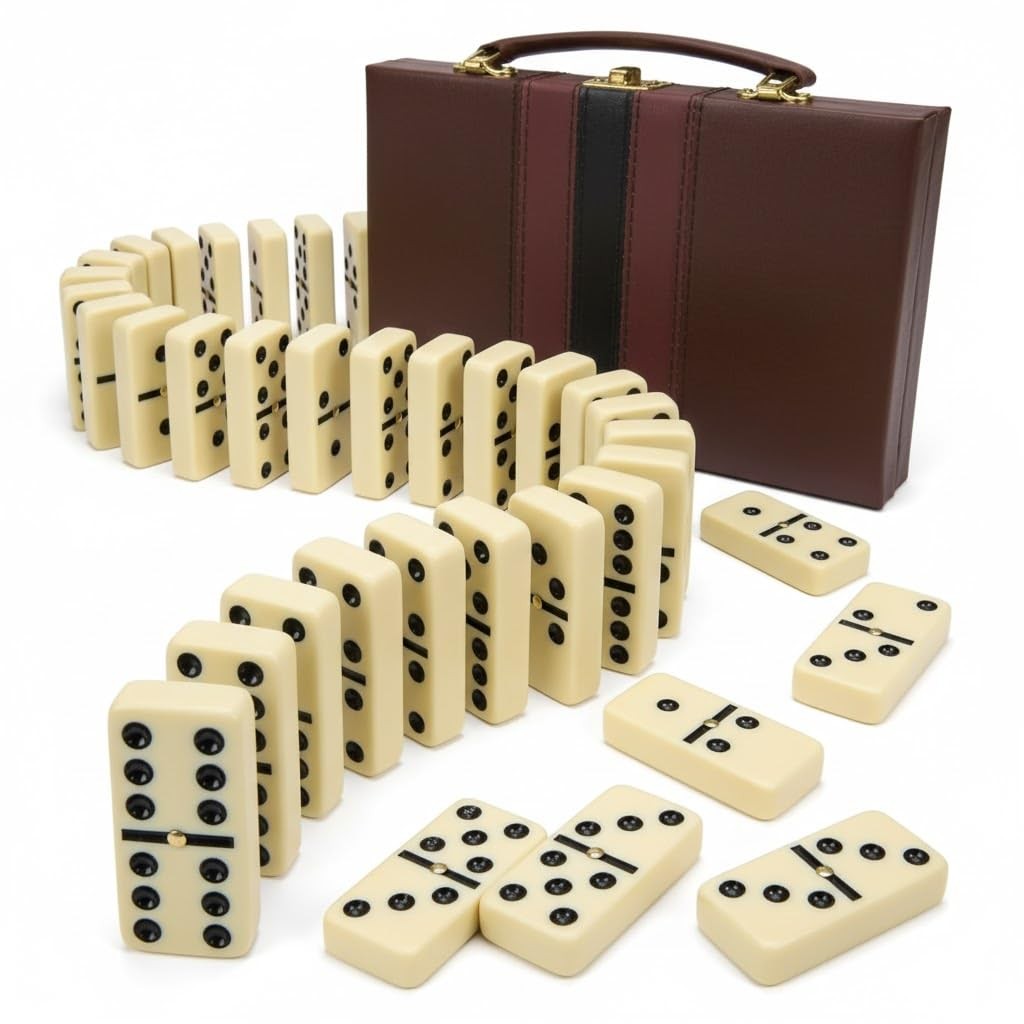 Jumbo Double Six Dominoes Set 28 White Tiles In Faux Leather Case