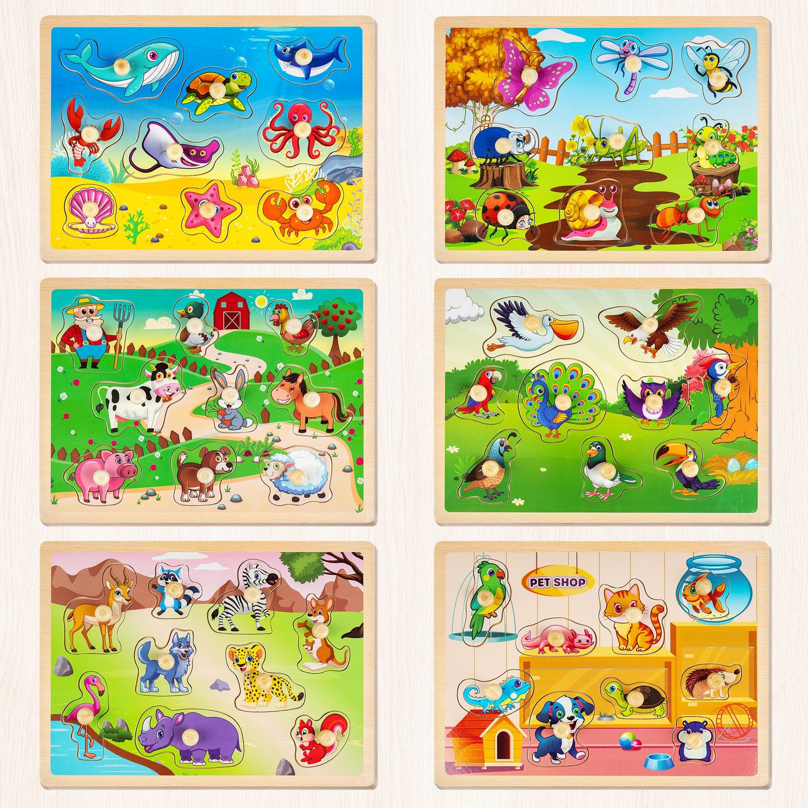 Wooden Puzzles Toddlers Ages 1-3 Animals Educational Montessori 6X Set 2-4