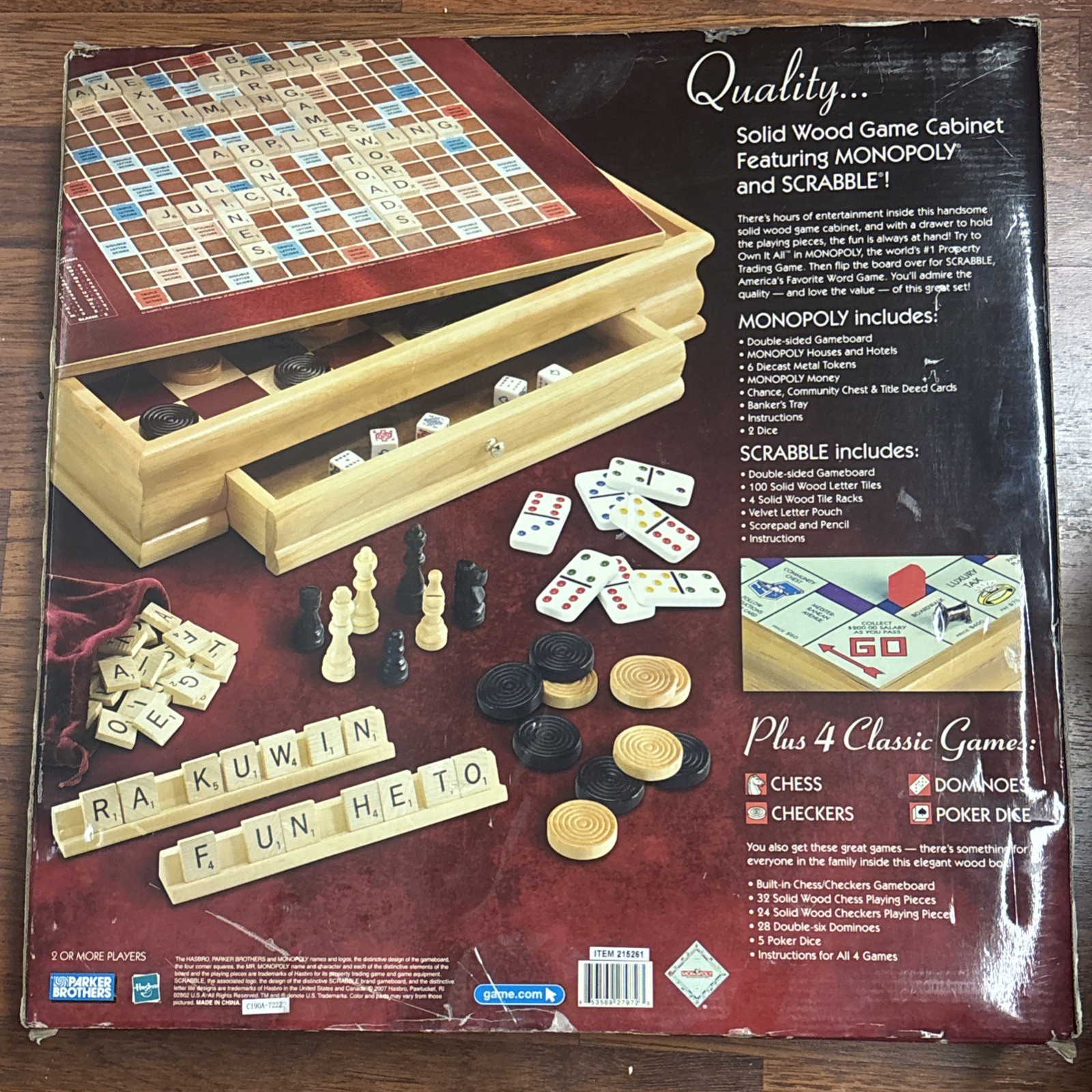 2007 Monopoly, Scrabble & 4 Classic Games Solid Wood Cabinet NEW IN BOX