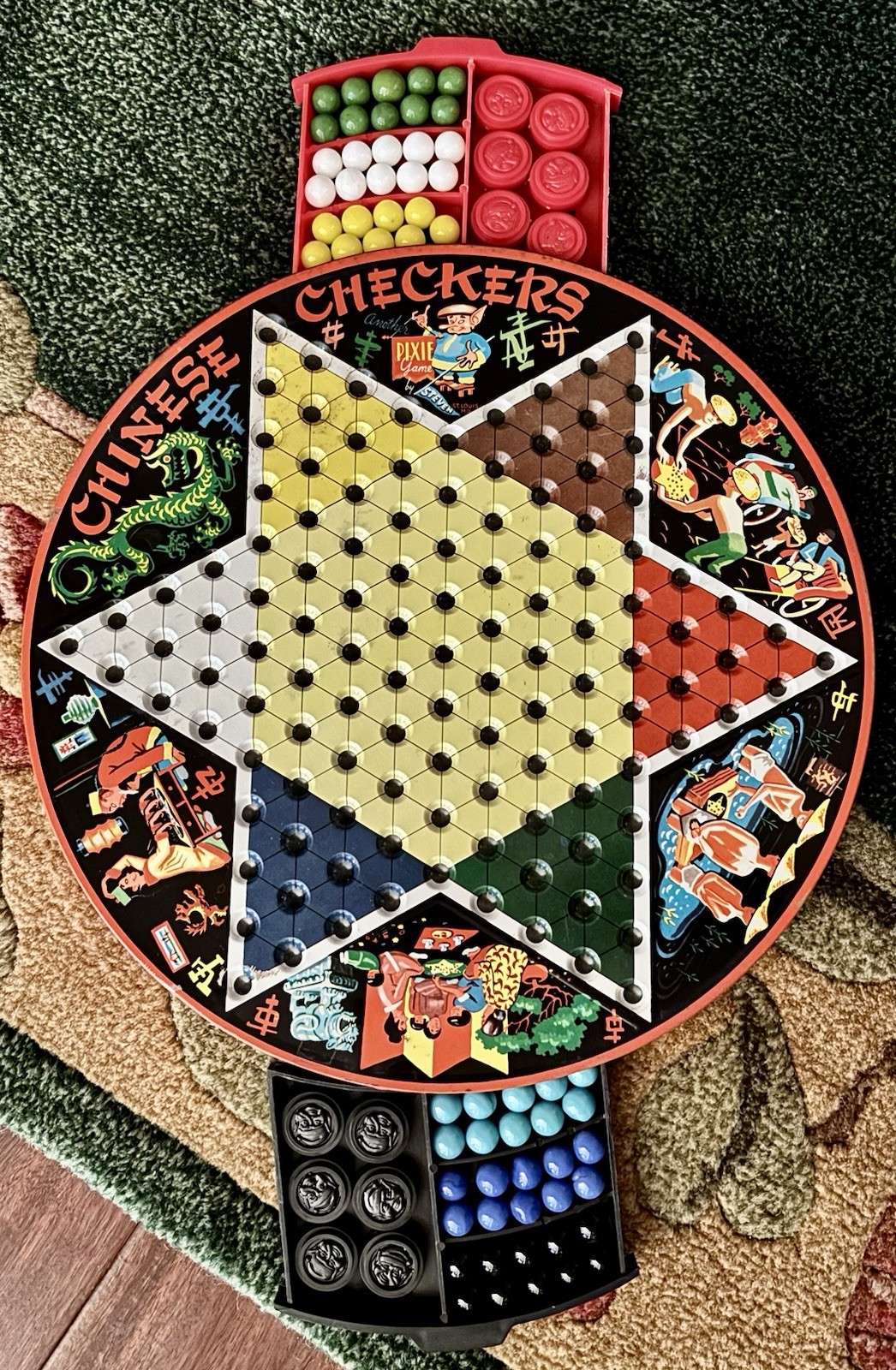 VTG Metal Tin Pixie Game Chinese Checkers Game Green Dragon w/Marbles Checkers