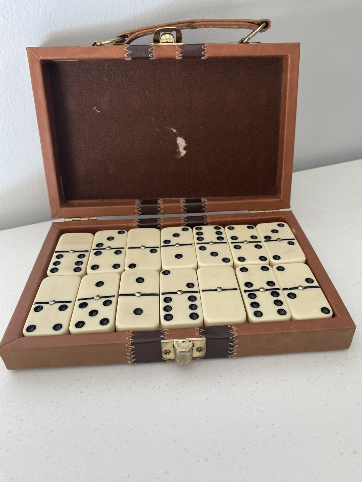 VTG Double-Six Domino Set with Metal Spinners in Brown Faux-Case