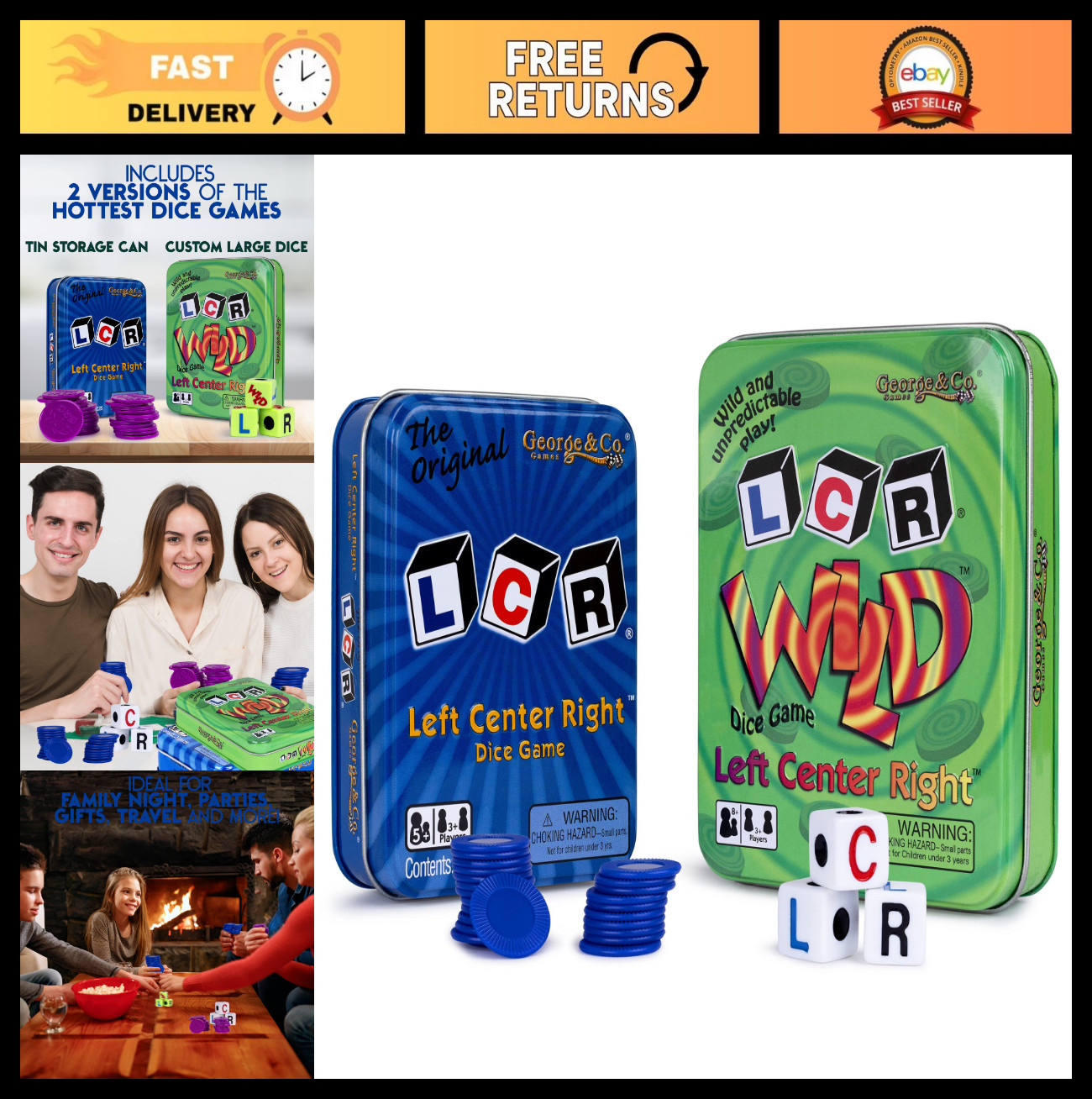 LCR Left Right Center Dice Game in Green Tin – Blue Gift Set Bundle – 2 Pack