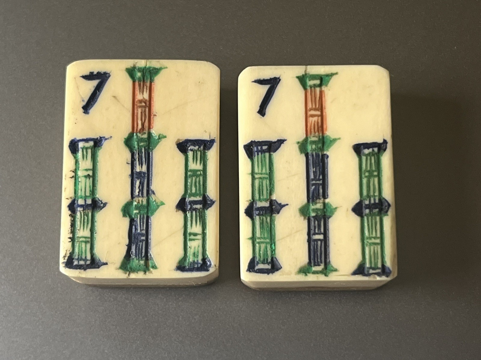2 Vtg 1920s Mahjong Bone/Bamboo Replacement Tiles 7 BAM
