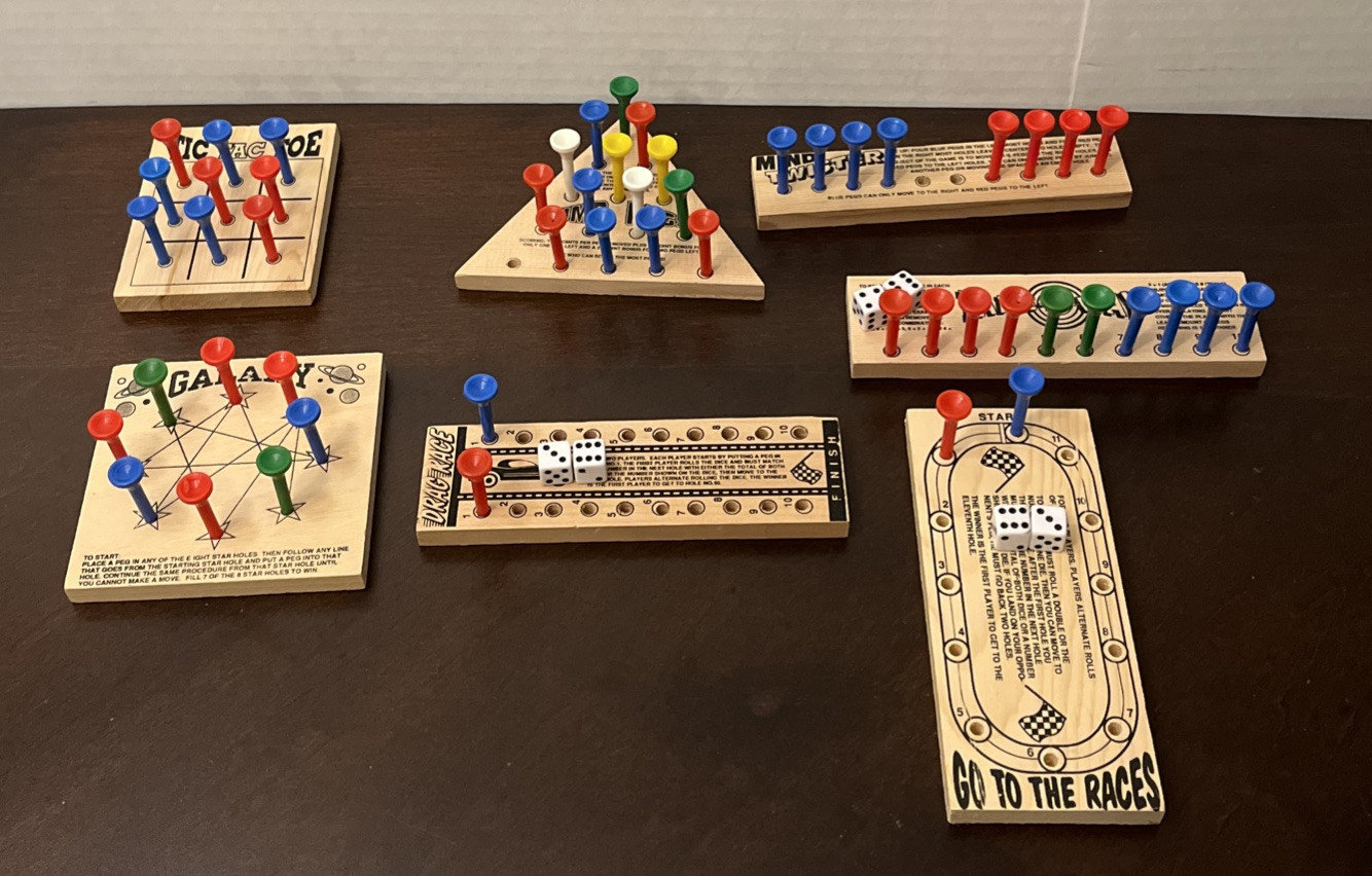Peg Board Game Wood Tic Tac Toe Magic Challenger Racing Universe Travel Lot of 7