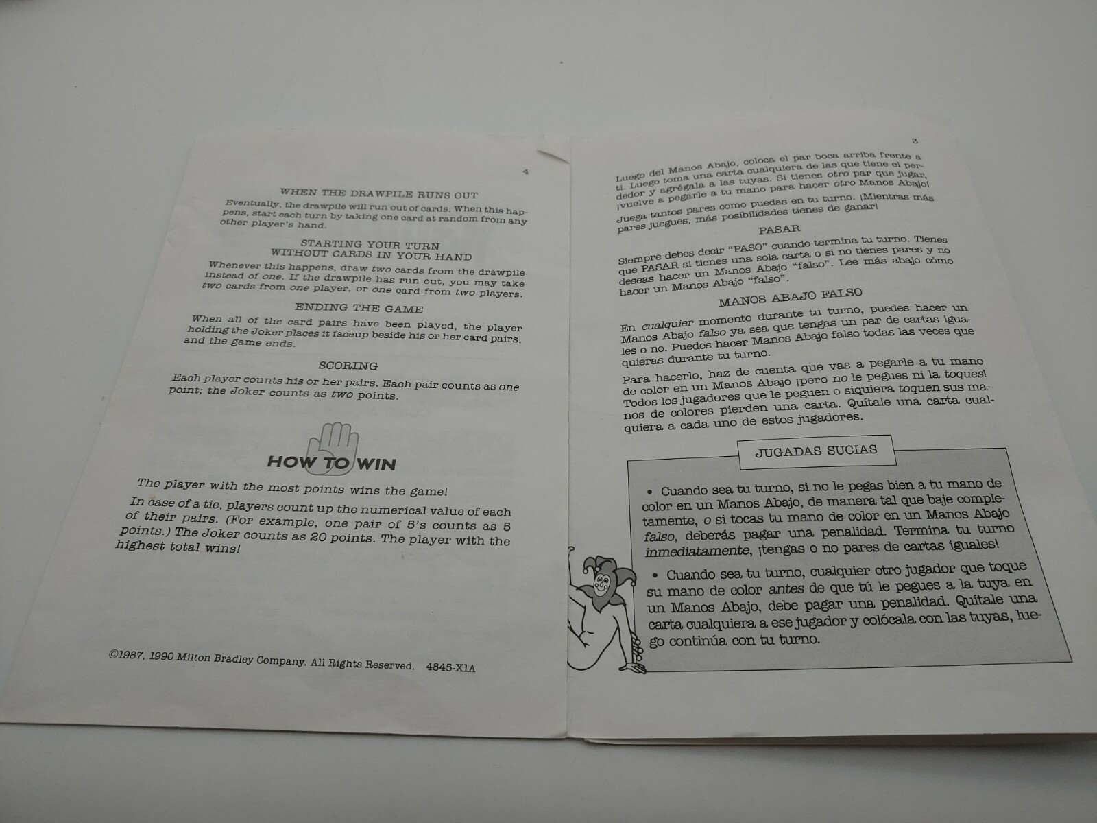 1990 Hands Down Board Game Replacement Instruction Manual Rules Only