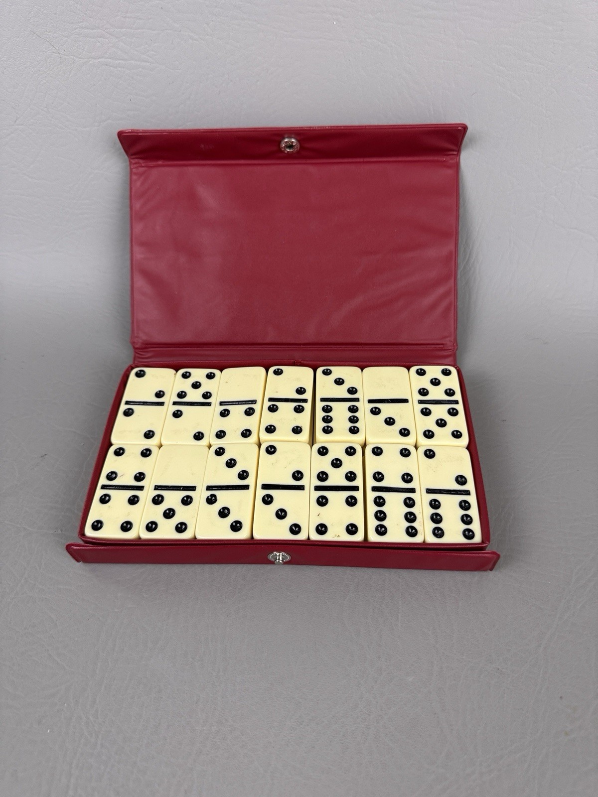 Vintage Cardinal Double Six Dominoes Set Complete 28 Ivory Tiles Red Vinyl Case