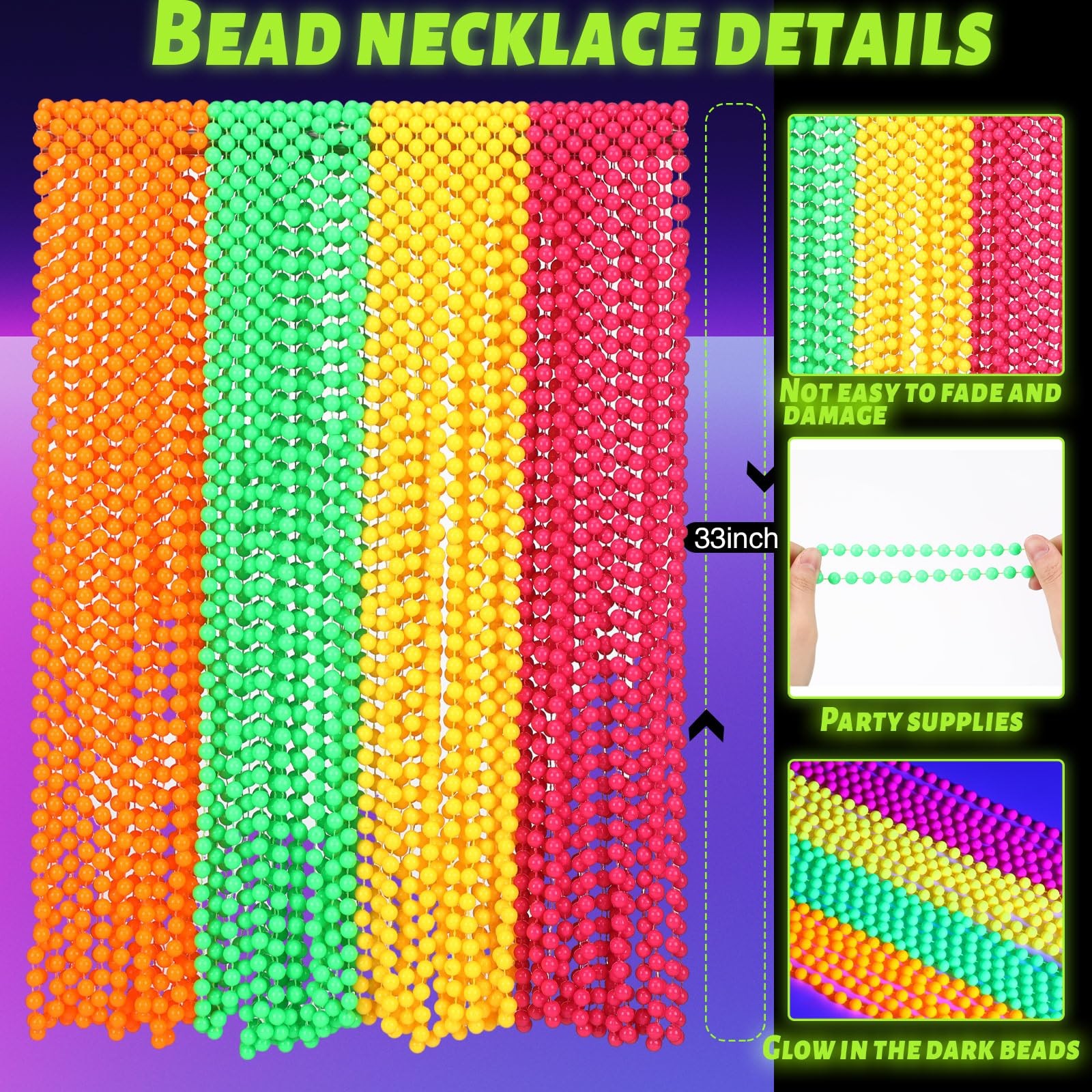 Neon Beads Necklaces 48 Pieces 33 Glow Dark UV Party Supplies Ecally Black Light