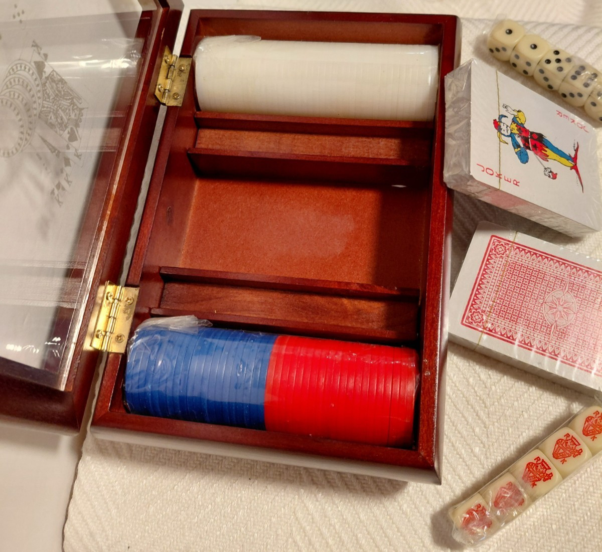 Poker set in wooden & glass box -sealed 2 sets dice/2 decks cards/2 chips-VTG