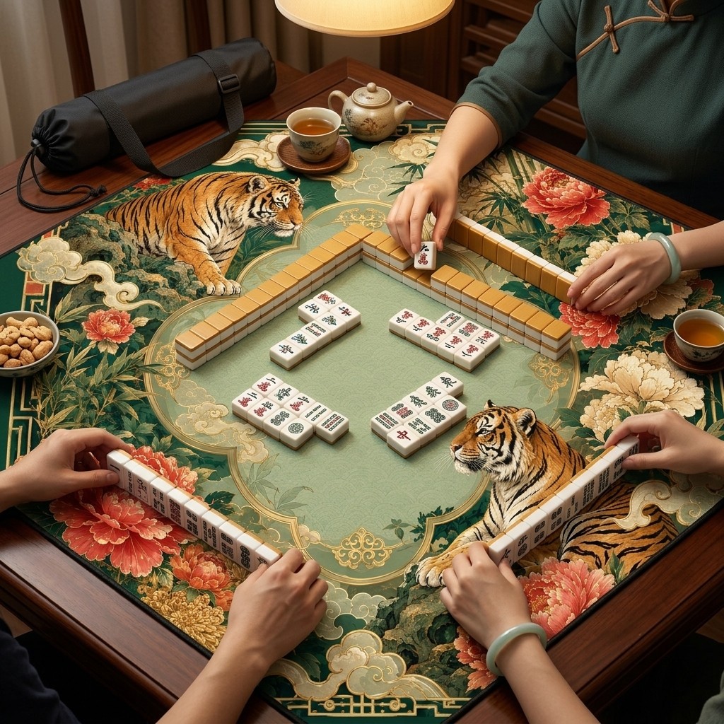 Chinese Tiger Mahjong MatNon Slip Table Pad 31.5×31.5″ With Free Carry Bag