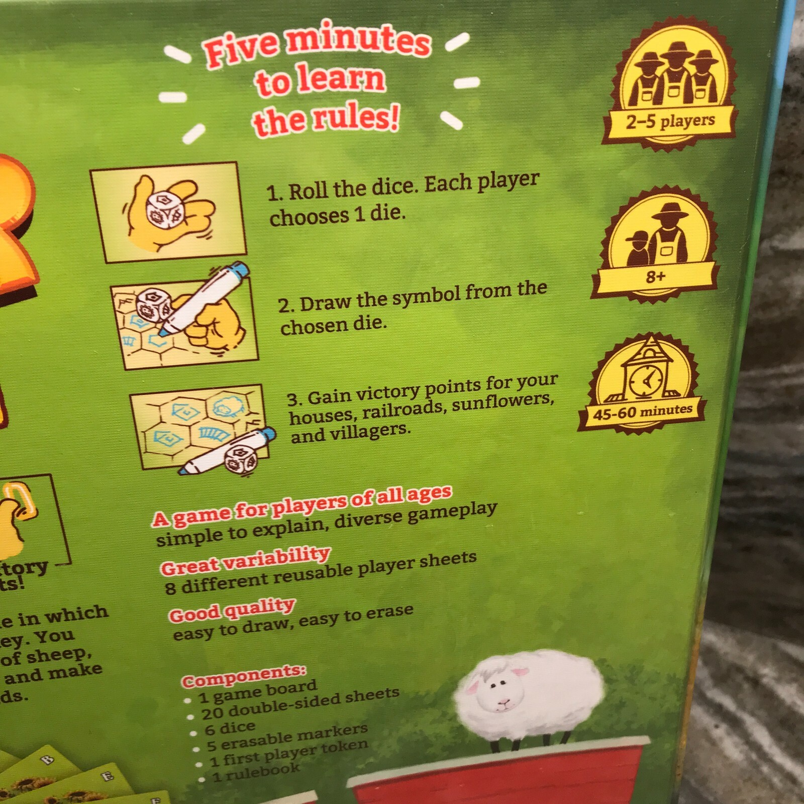New SUNFLOWER VALLEY ROLL AND WRITE BOARD GAME age8+ family dice 2018 OOP SEALED