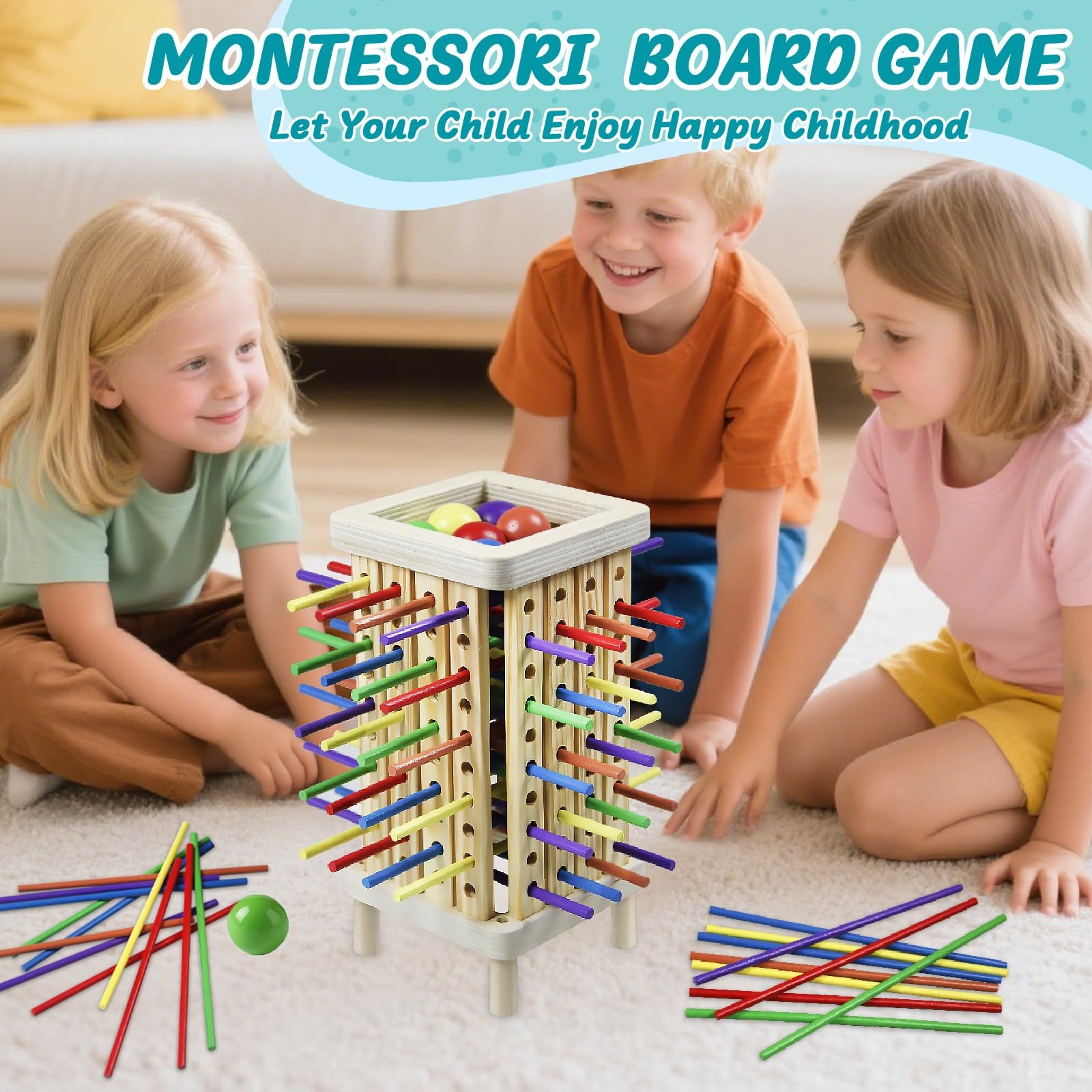 Montessori Game Wooden Board Game, 42 Colorful Wooden Sticks Dice Game Math L…