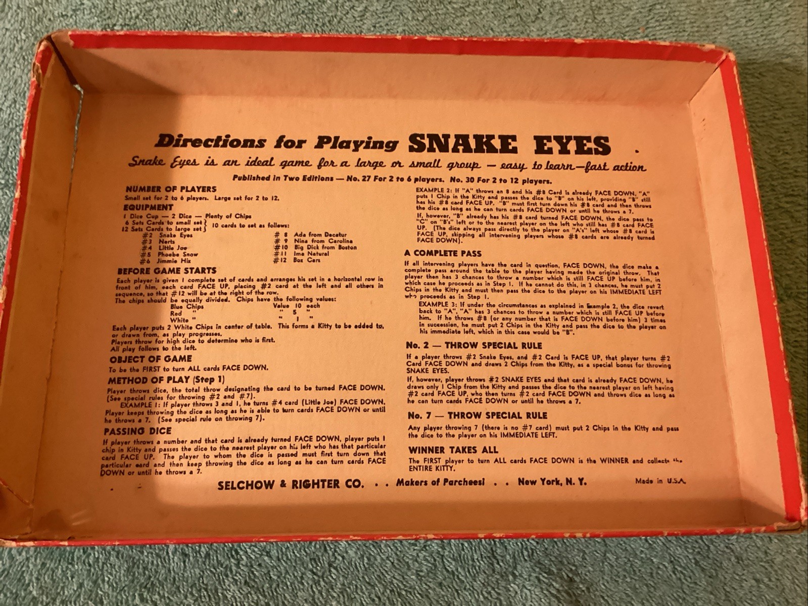 Vintage 1930’s No 27 Snake Eyes .Selchow & Righter.