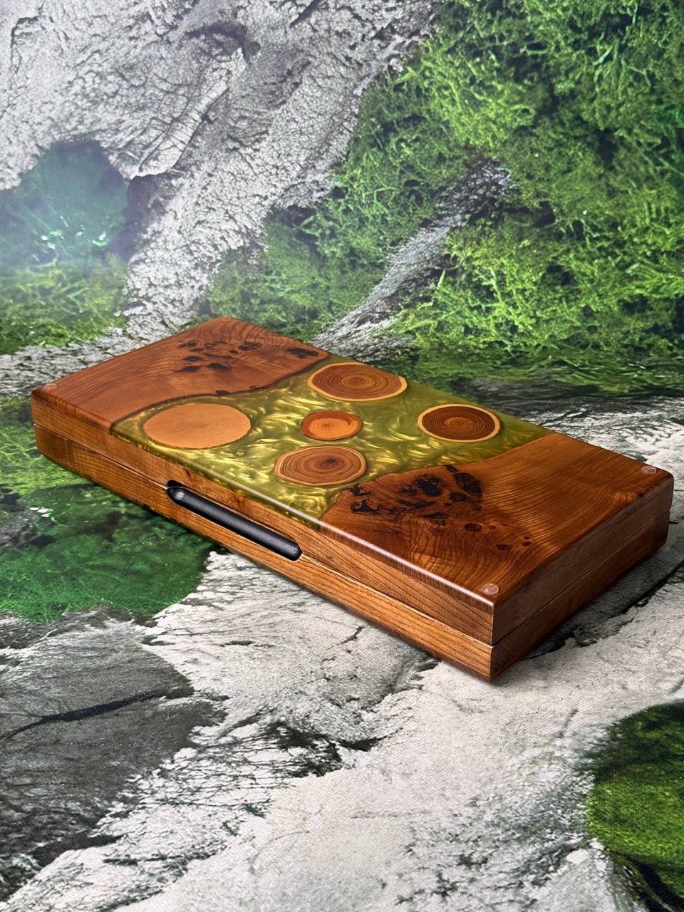 Handmade Wood Epoxy Resin Backgammon Board | Natural Grain Game Set 50×50 cm