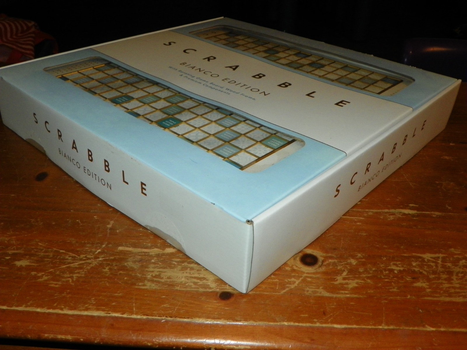 WS Game Company Scrabble Bianco Edition with Rotating Wooden Game Board NEW