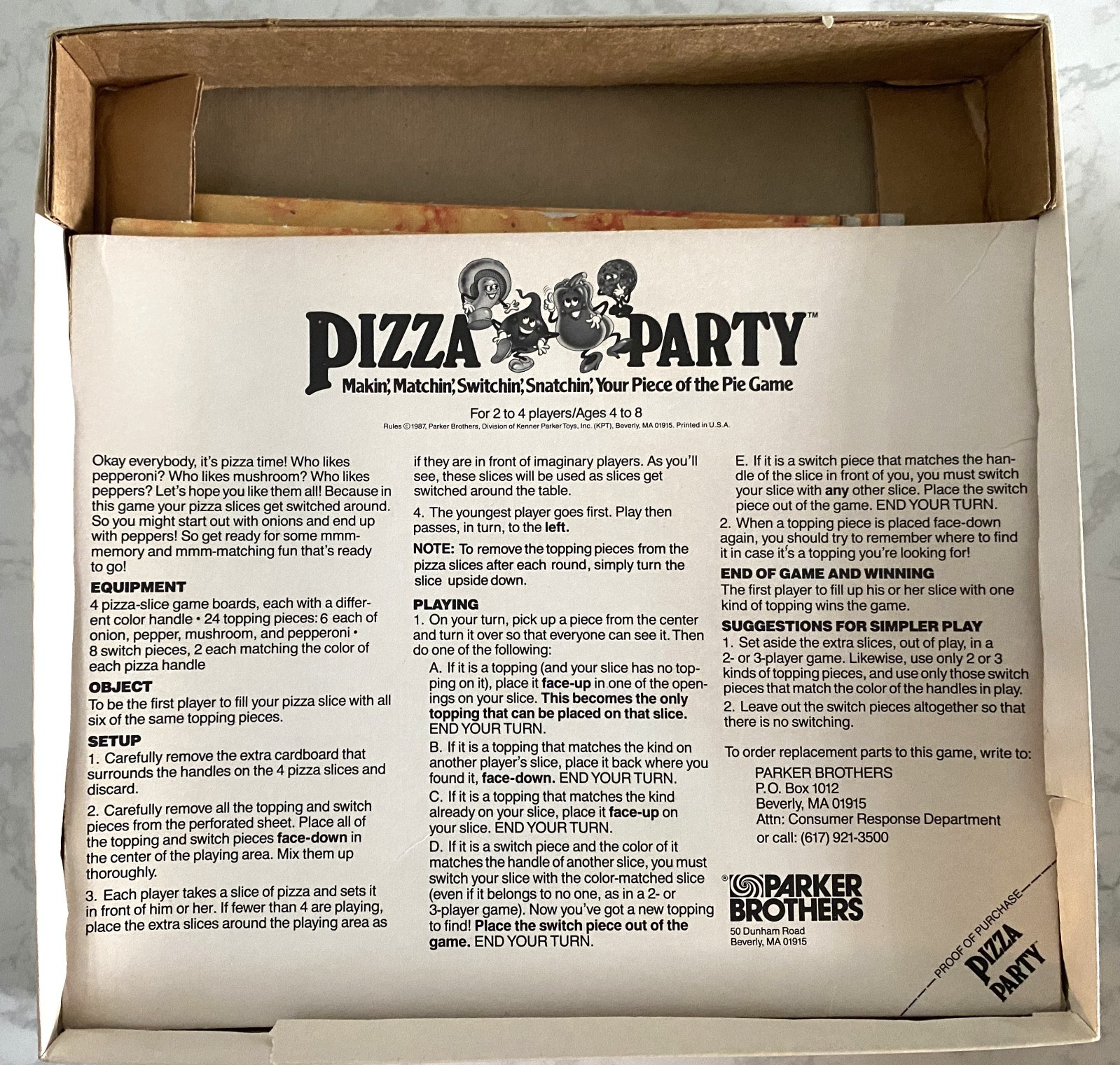 Vintage Pizza Party Board Game – Parker Brothers 1987 Complete