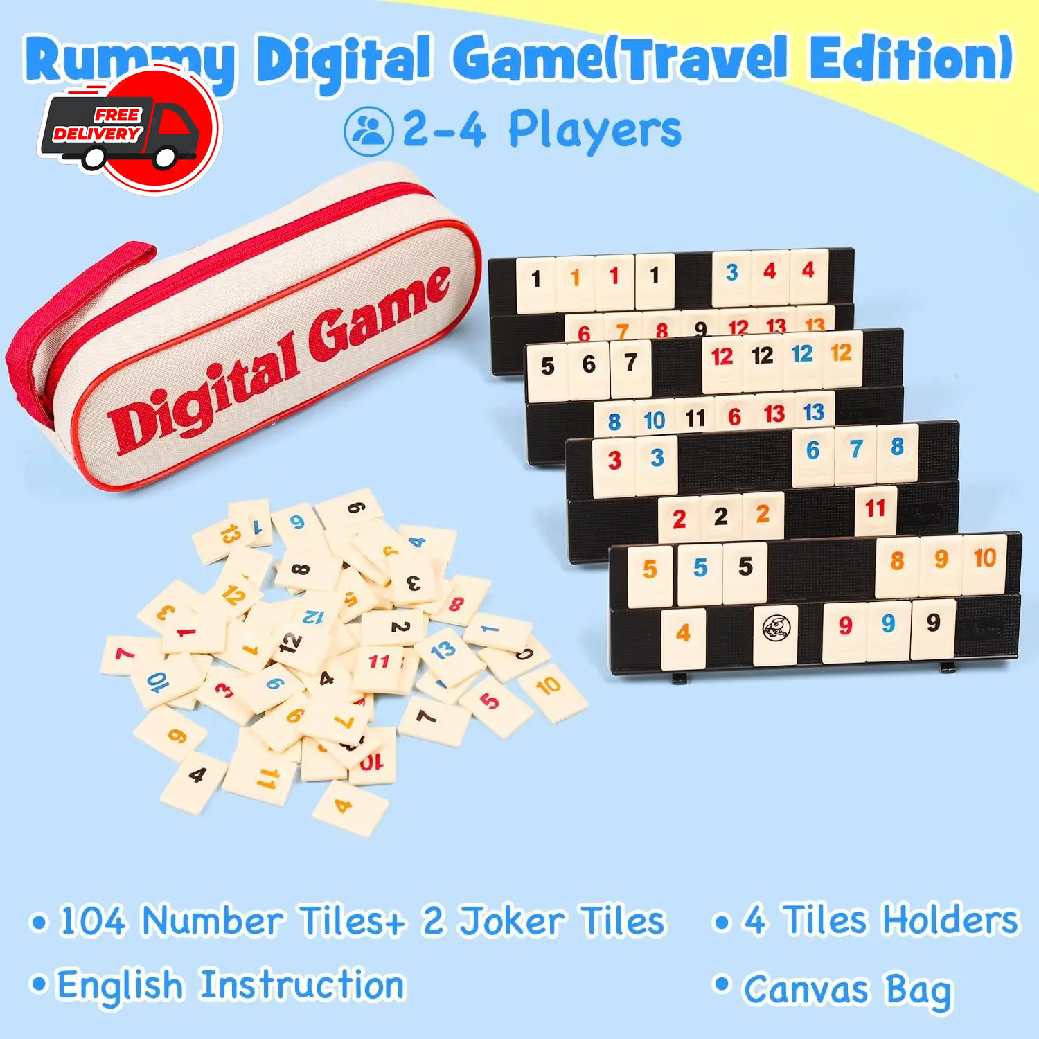 Rummy Cube Game Set 106 Tiles with 4 Racks Portable Travel Case