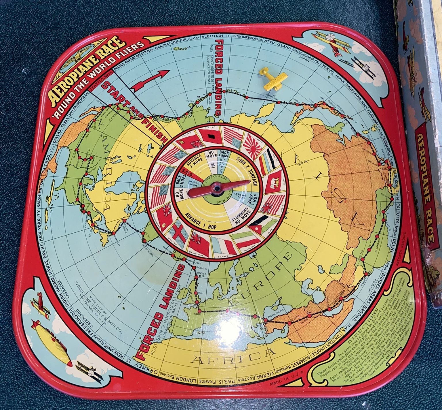 Antique Wolverine Round the World fliers metal lithographed board game in box!