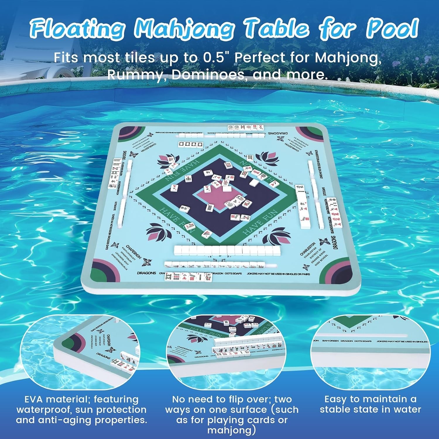 Floating Mahjong Table for Pool 31.5-in Water Game Tray for Card and Tile Games