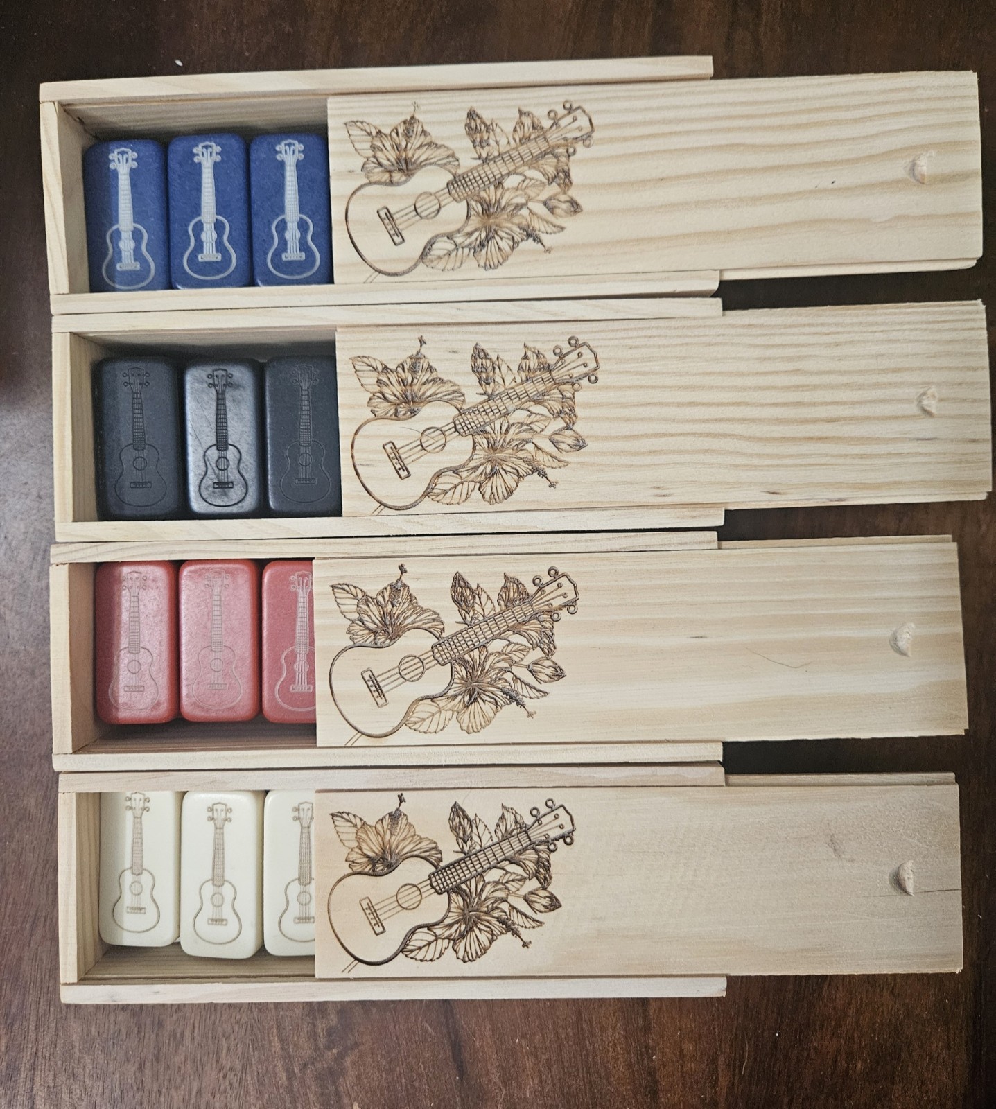 Double 6 Domino Set of UKULELE Dominoes BLUE BLACK RED or IVORY