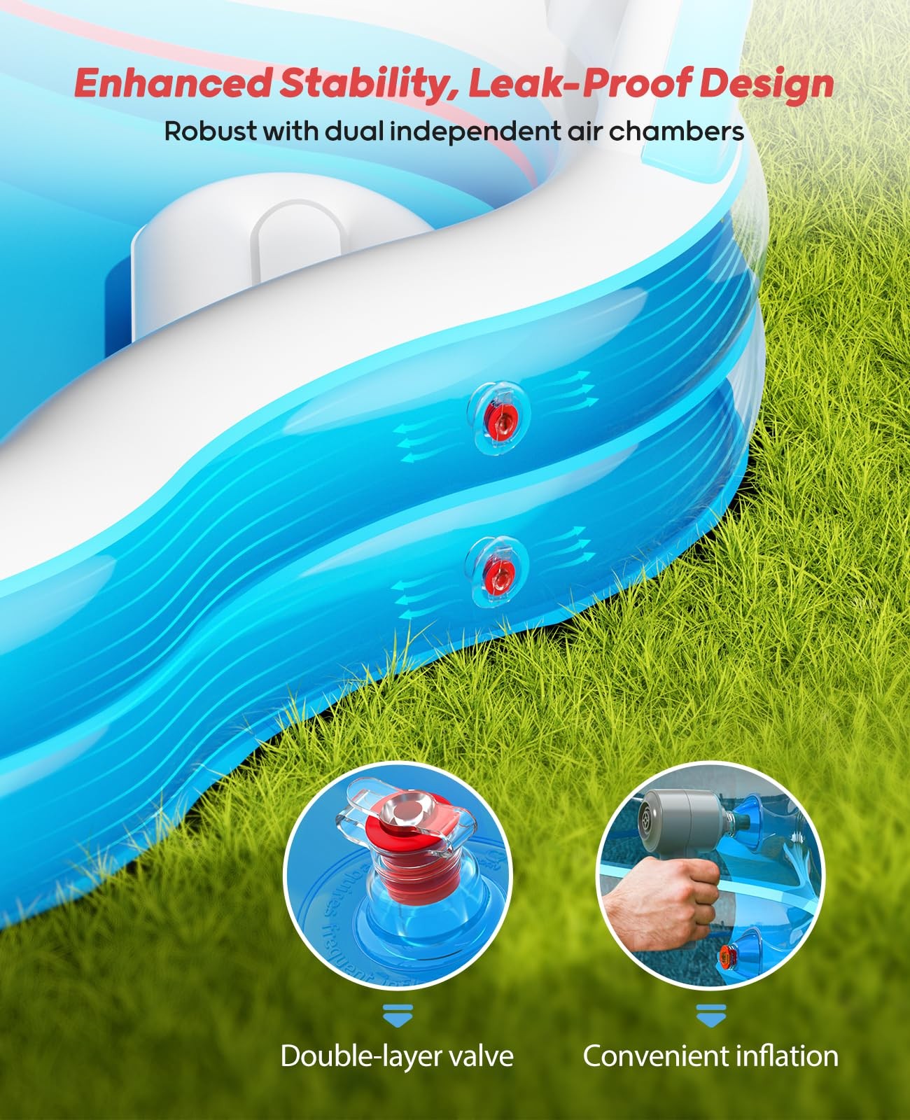 Inflatable Swimming Pool 80 x80 x16.5 2 Seats Backrests Clear Blue QPAU Large