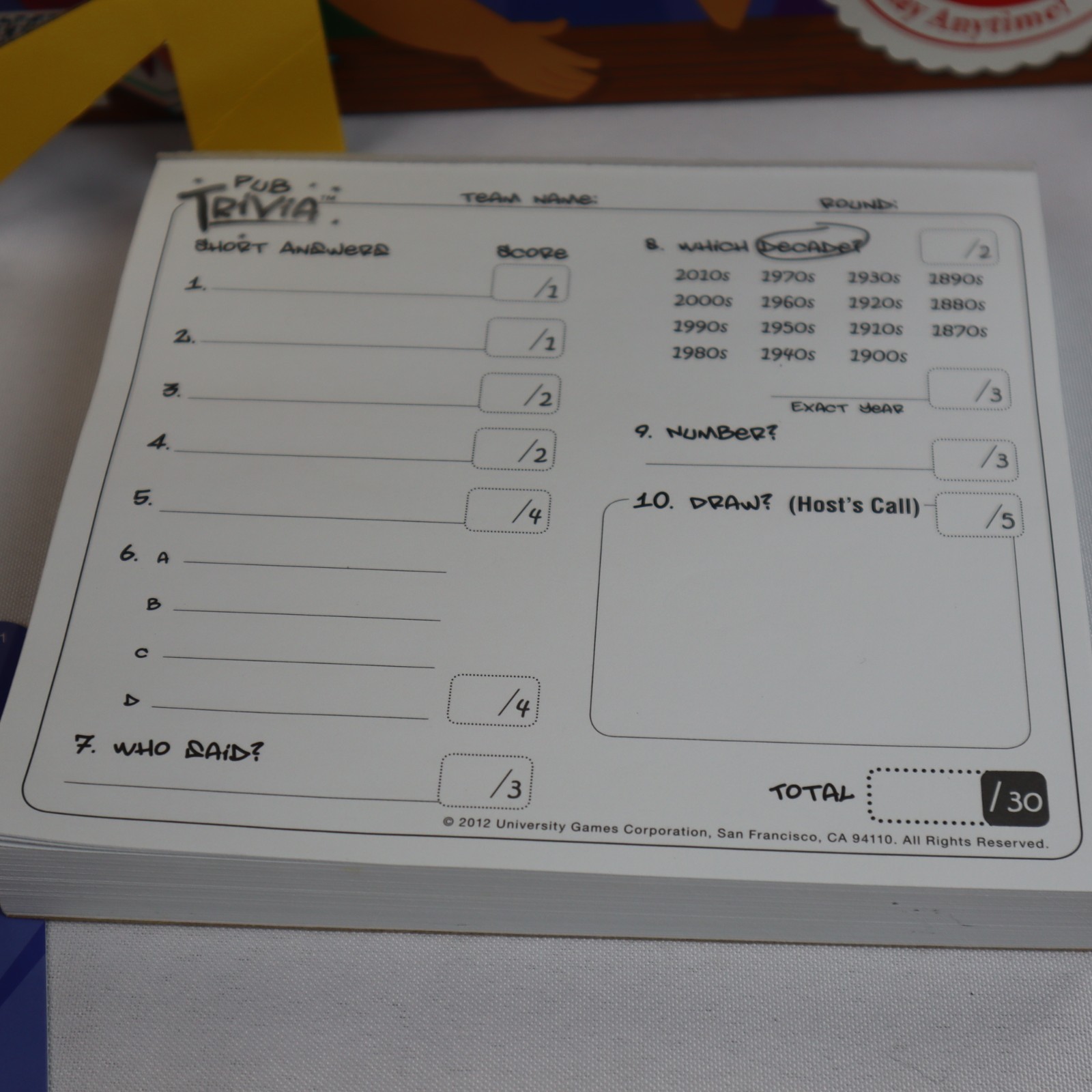 Pub Team Trivia Board Game Fun Quiz for Ages 12 and Up 2012 University Games