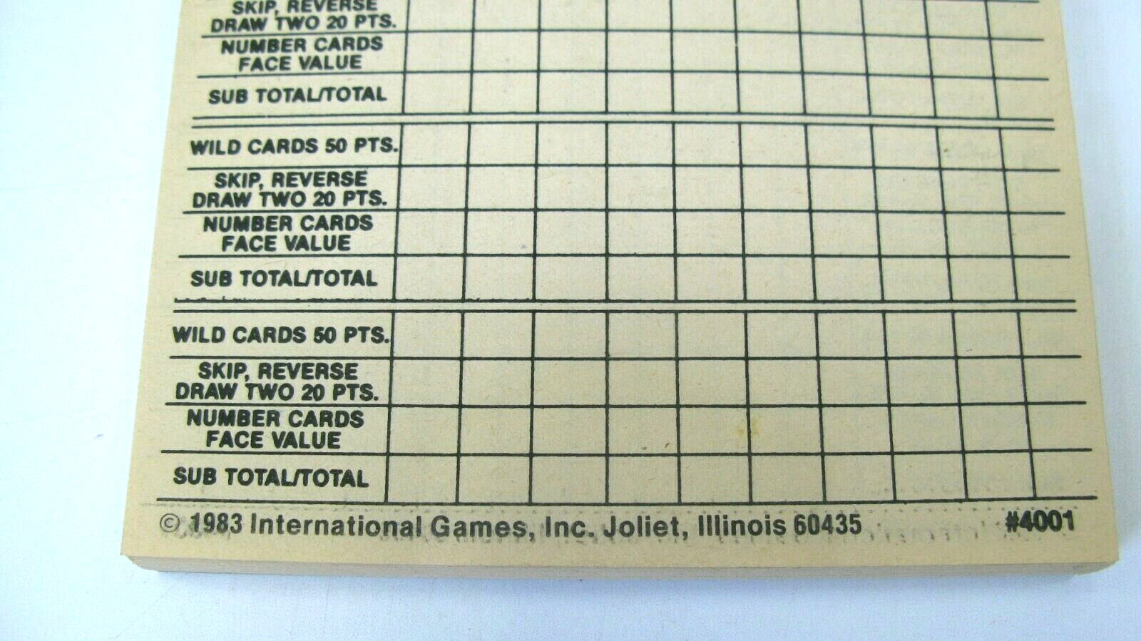 1984 UNO Score Pad in Box #4001 100 2 Sided Score Sheets