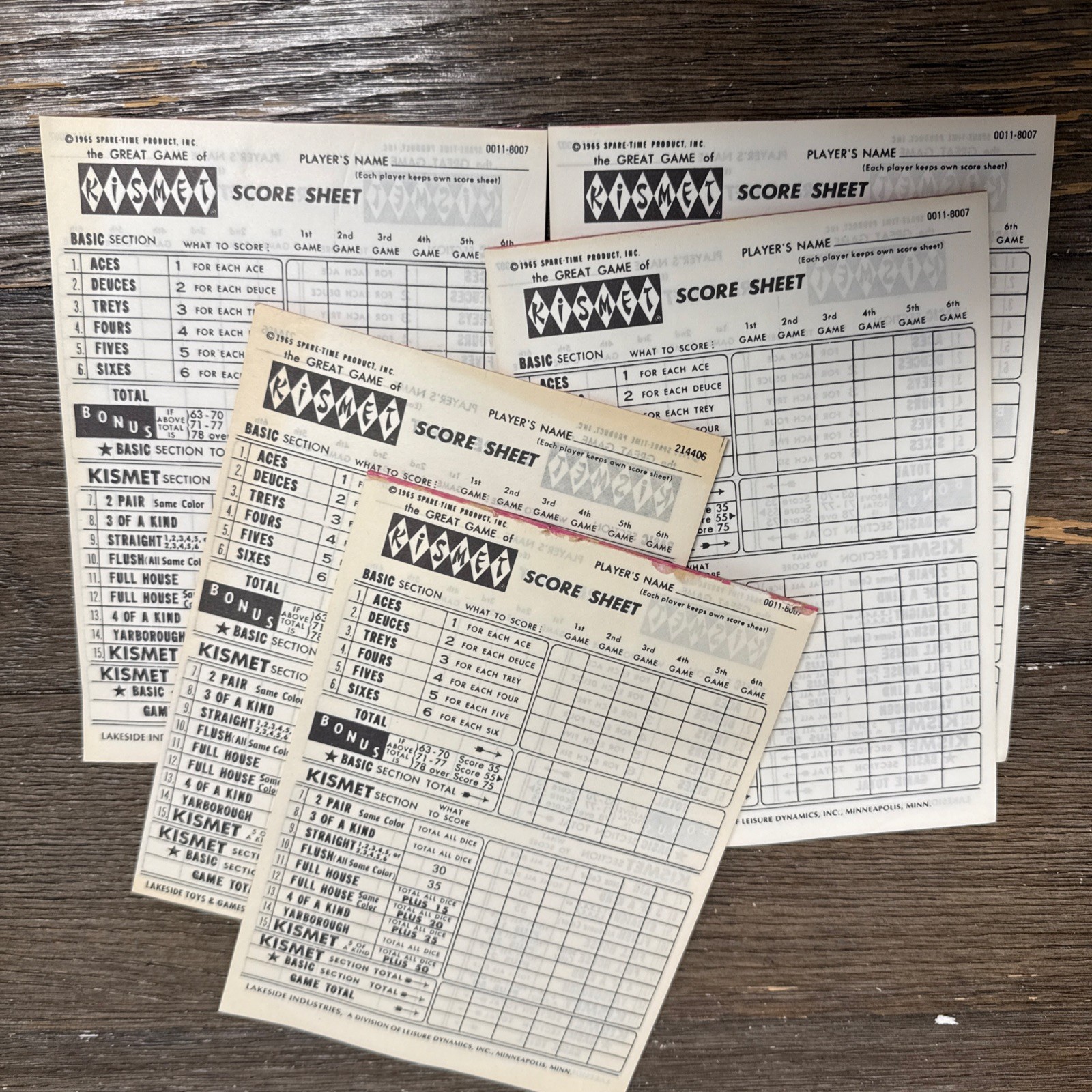Score Pads Kismet Dice Game (1970) score pads 3 Unused Plus 2 Partials Plus