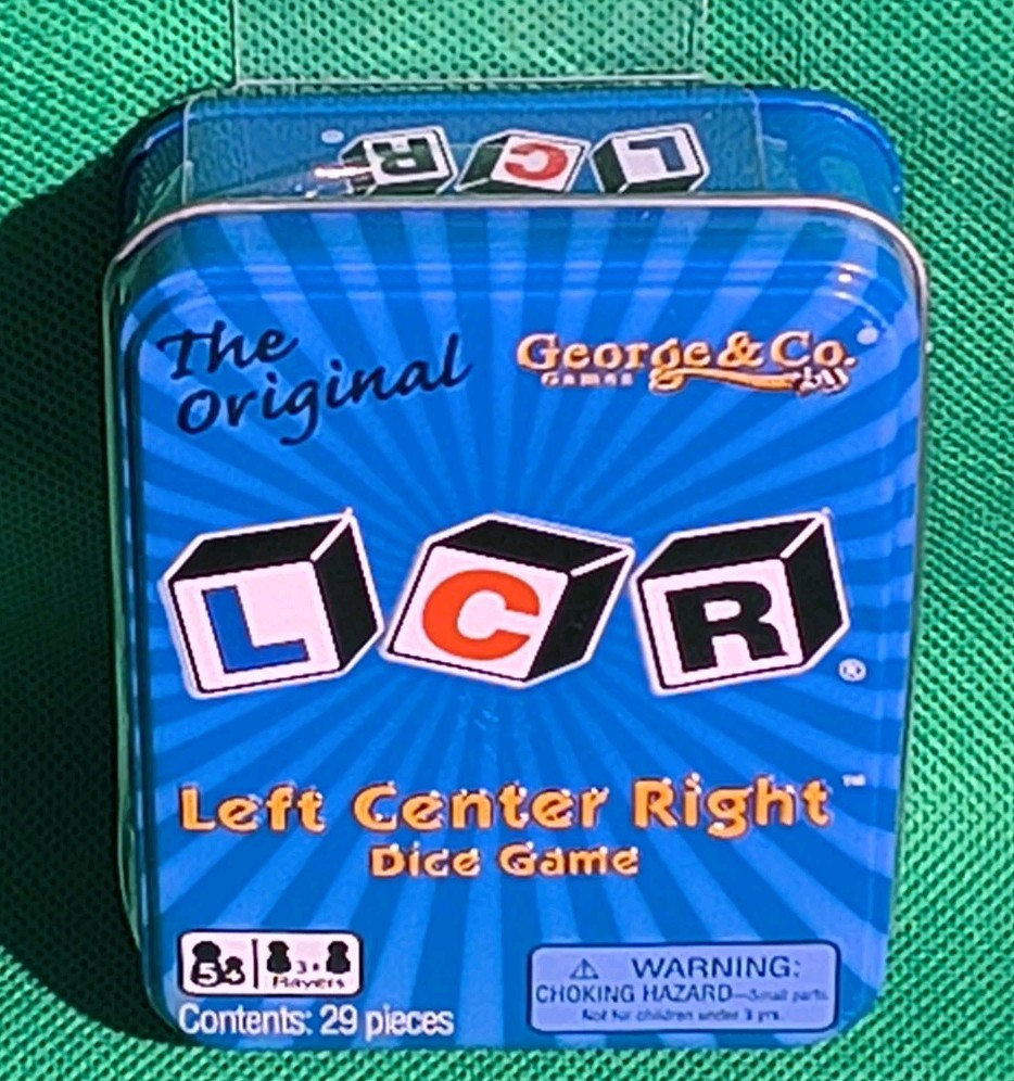 Left Center Right Dice Game Blue LCR Tin Box Family Strategy Easy NEW AND SEALED